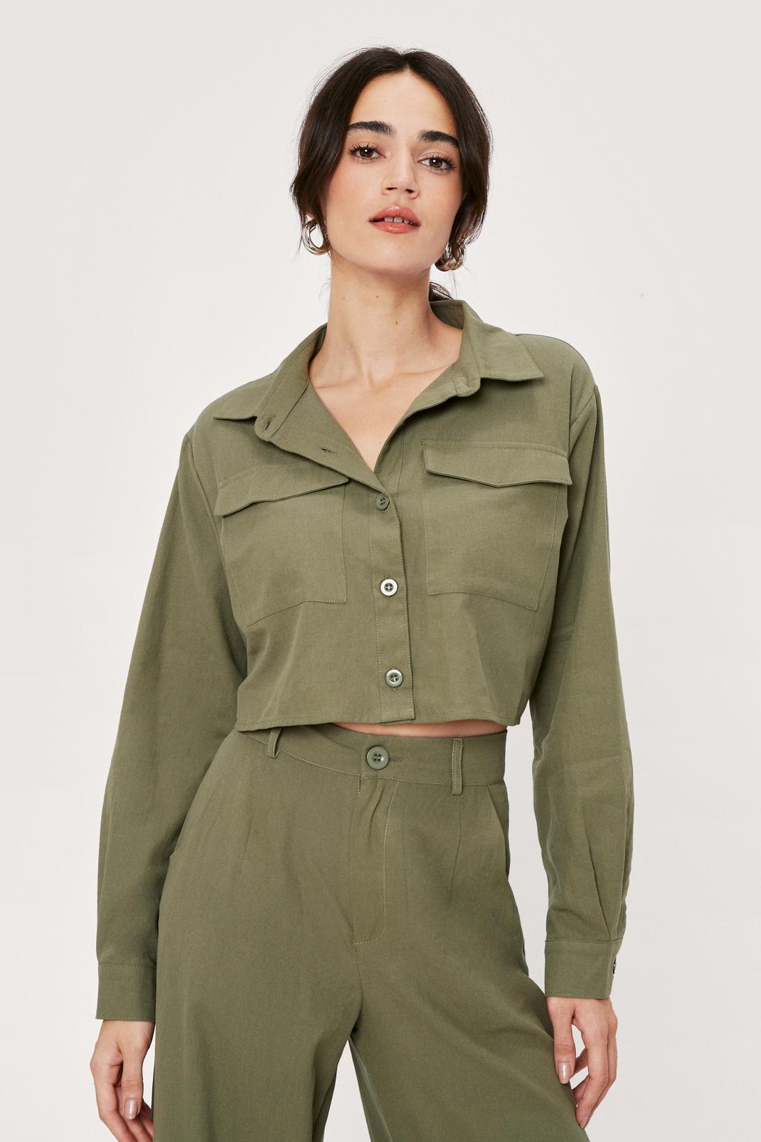 Olive Petite Cropped Button Down Shirt image number 1