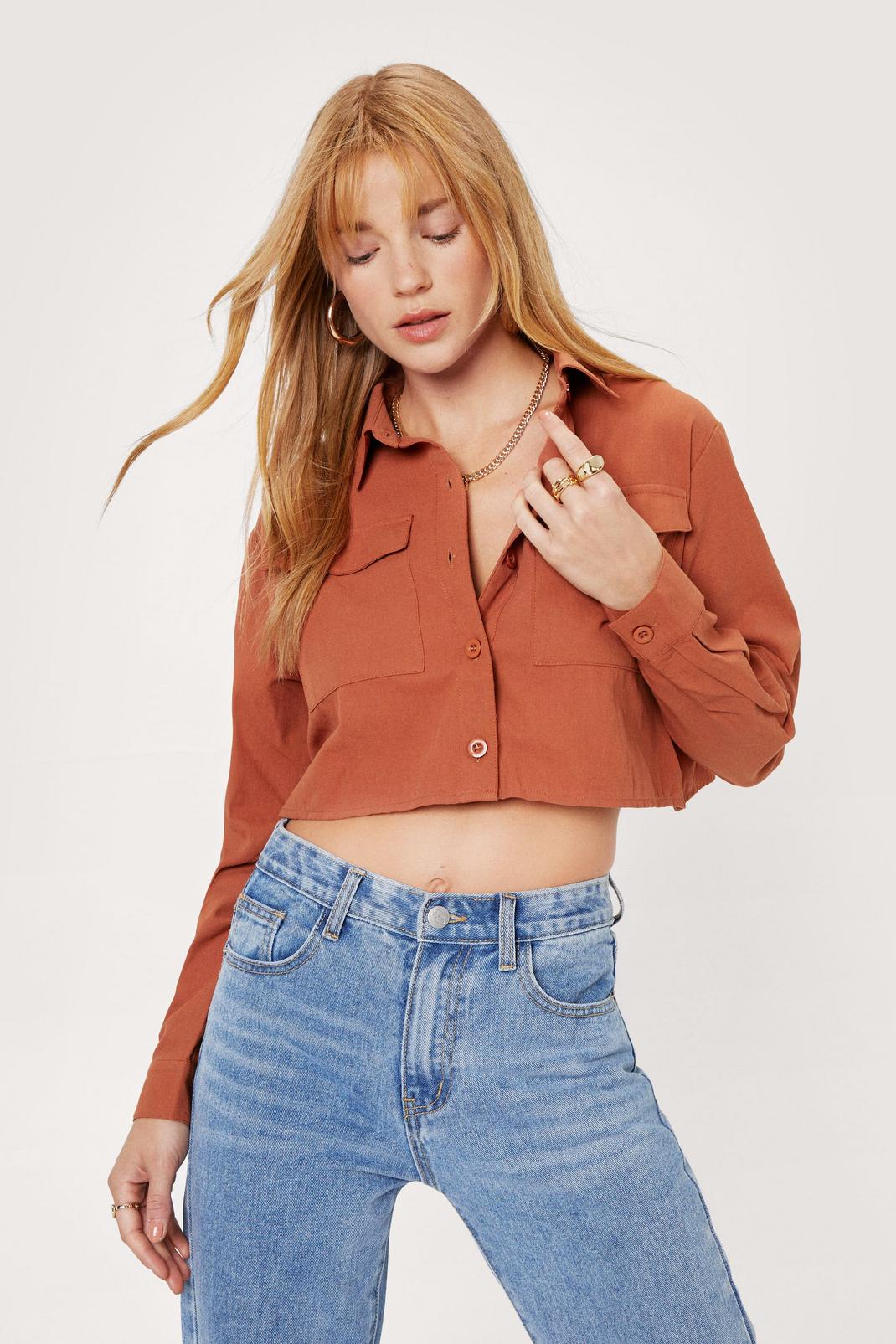 Rust Petite Cropped Button Down Shirt image number 1
