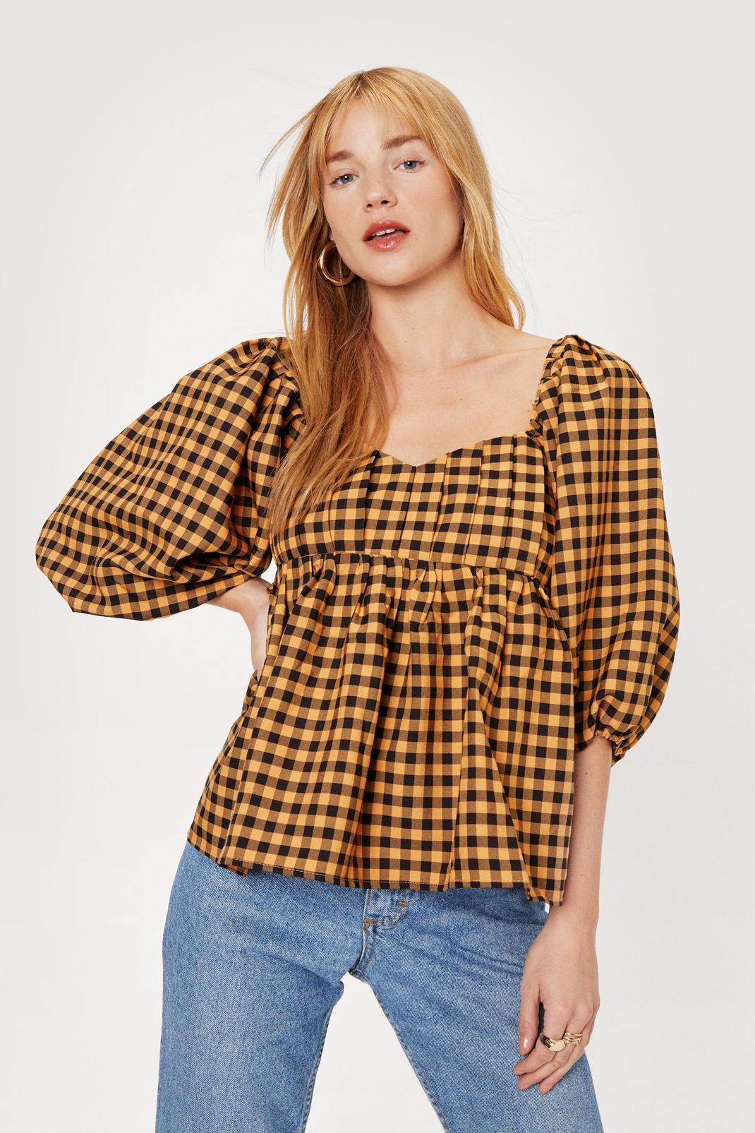 Petite Check Puff Sleeve Smock Top image number 1