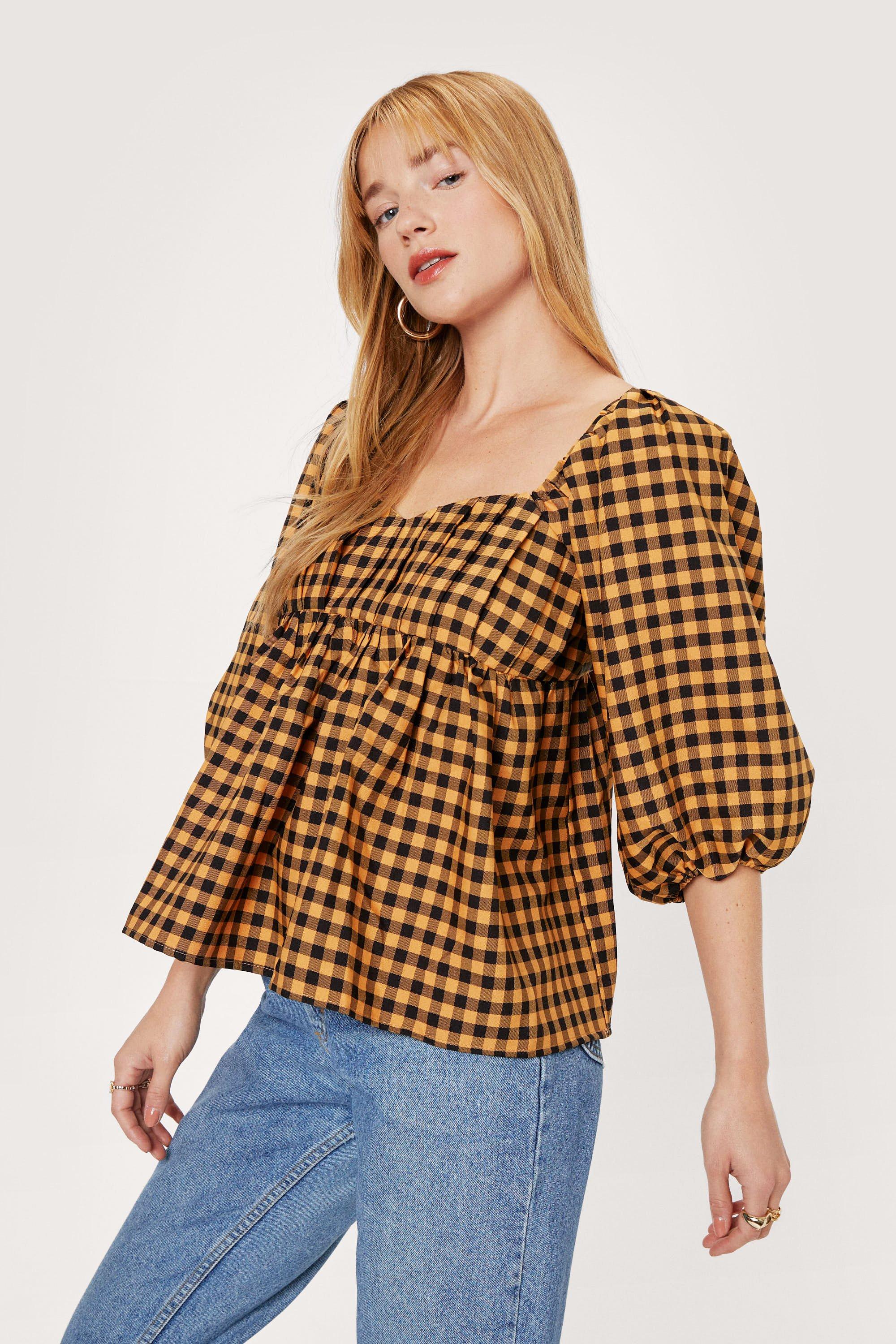 Petite Check Puff Sleeve Smock Top