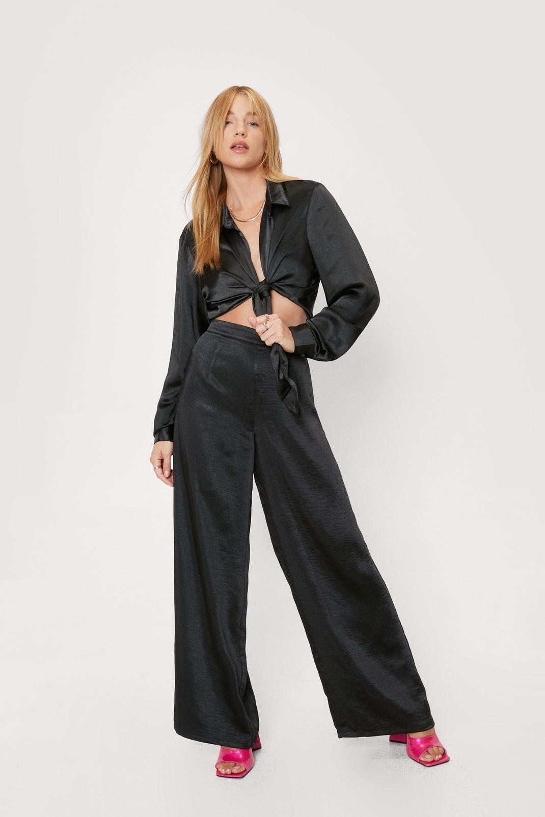 Black Petite Satin High Waisted Wide Leg Trousers image number 1