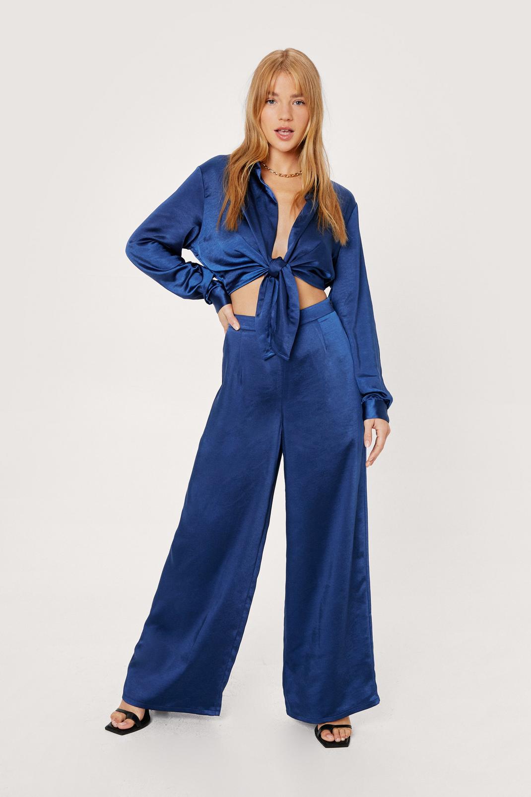 Cobalt Petite Satin High Waisted Wide Leg Trousers image number 1