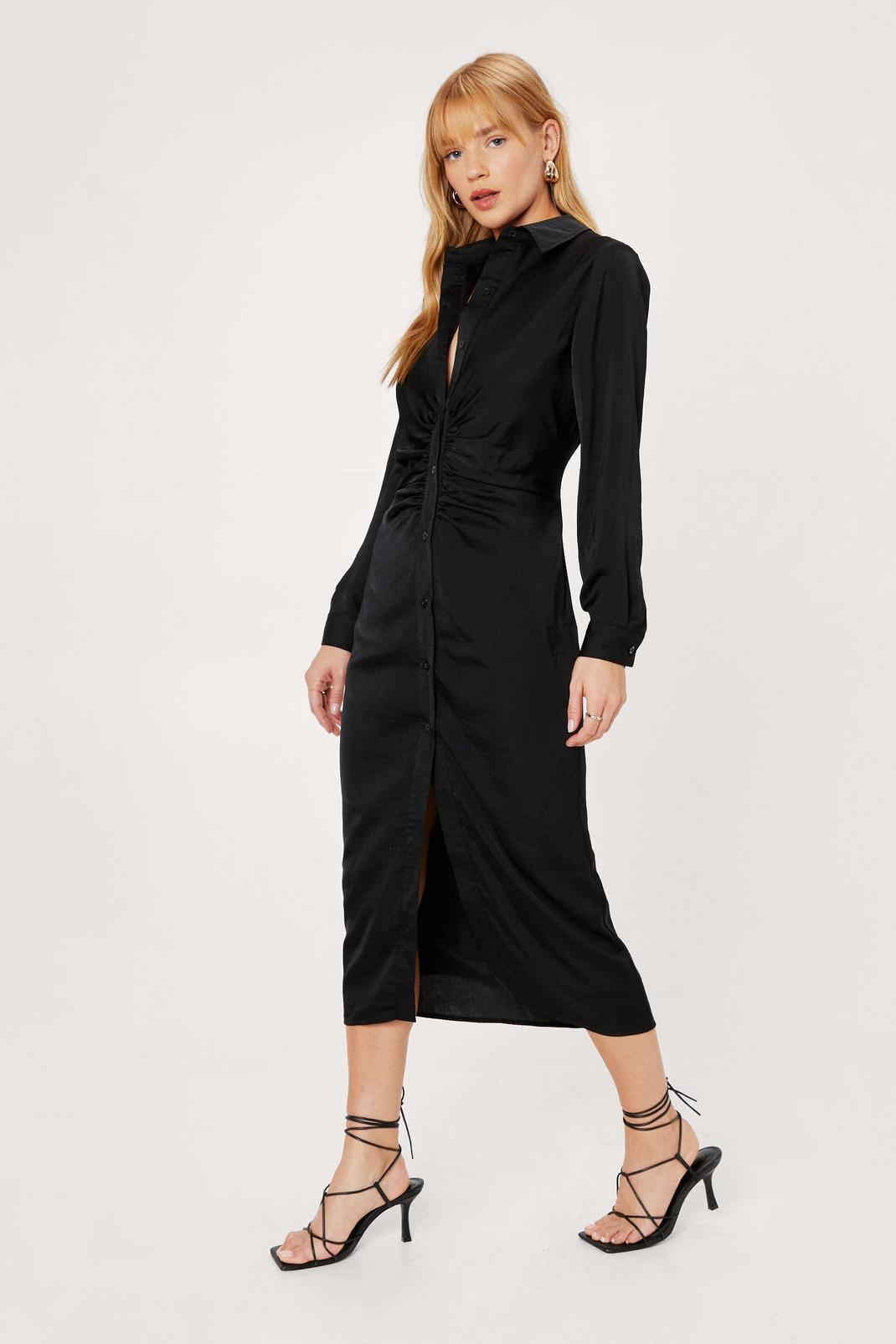 ruffles slit satin ruched shirt dress