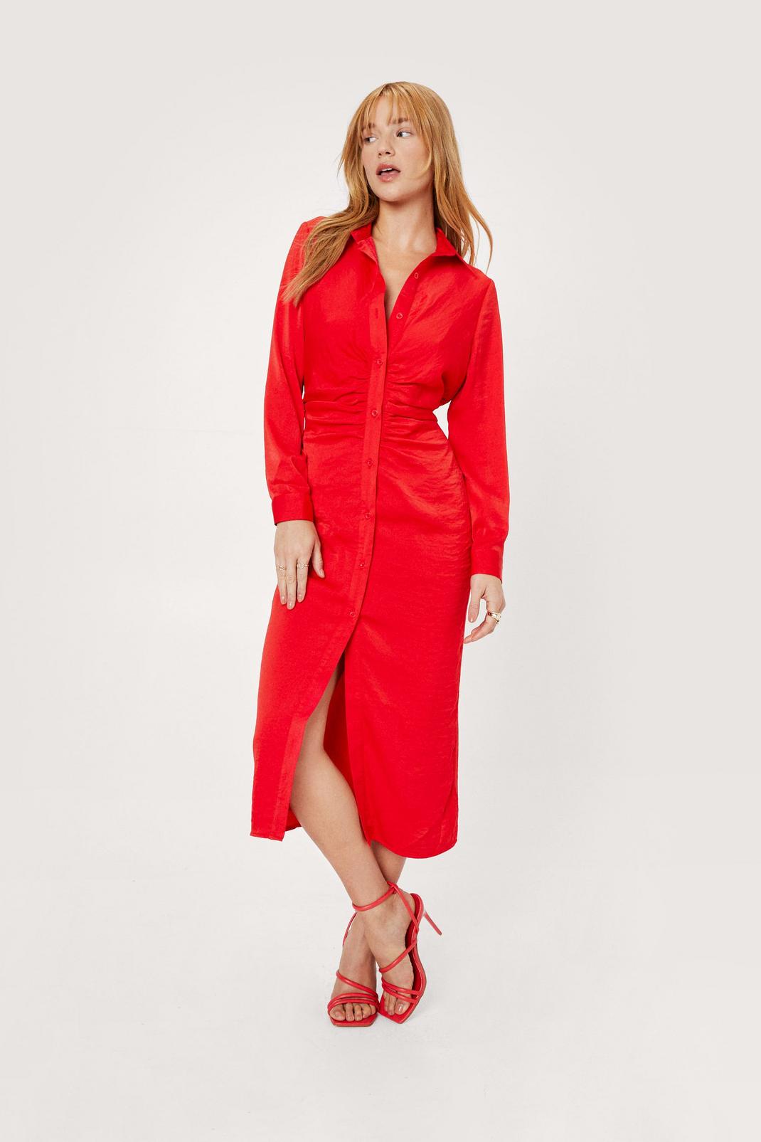 Red Petite Satin Ruched Front Mini Shirt Dress image number 1