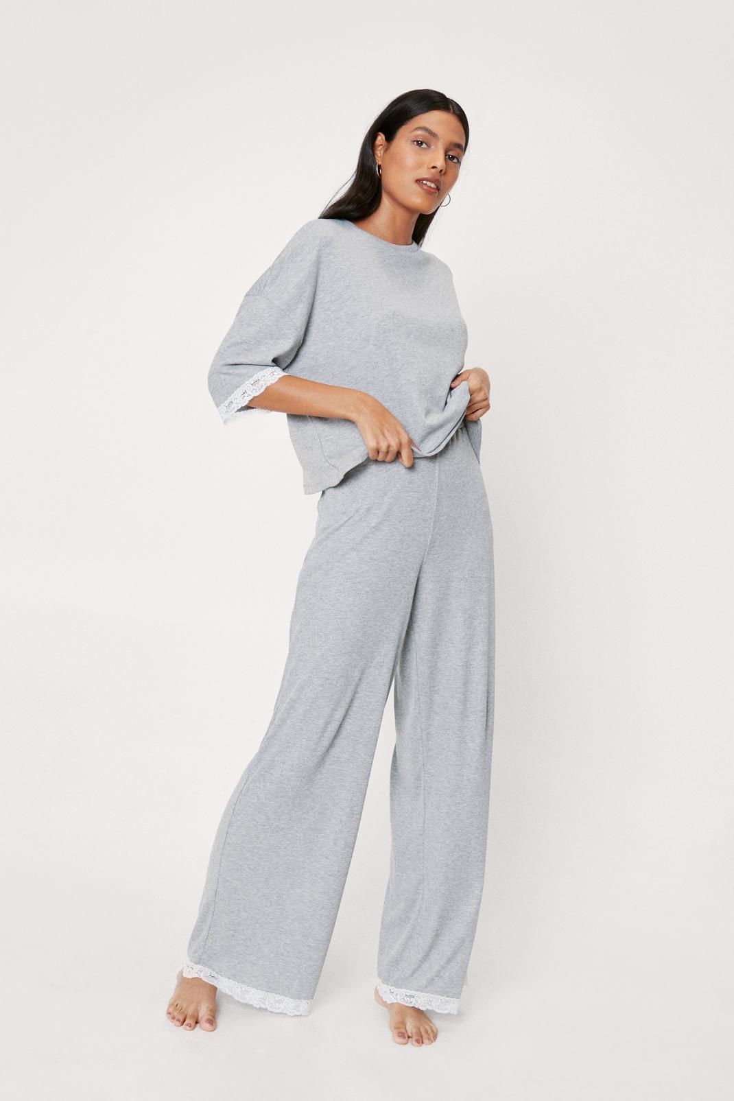 Grey Lace Trim Ribbed Trouser Pyjama Set image number 1