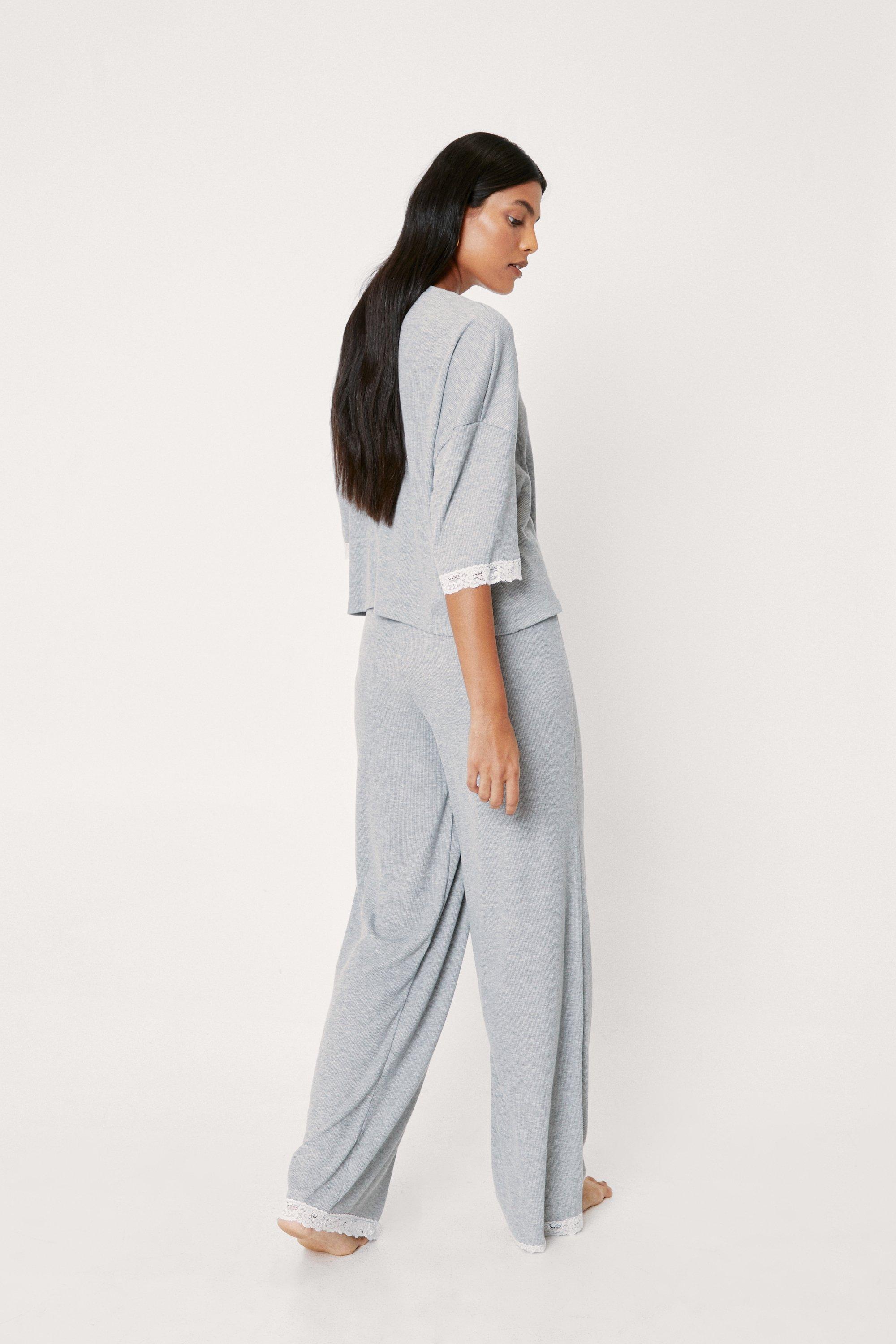 Lace Trim Ribbed Trouser Pyjama Set