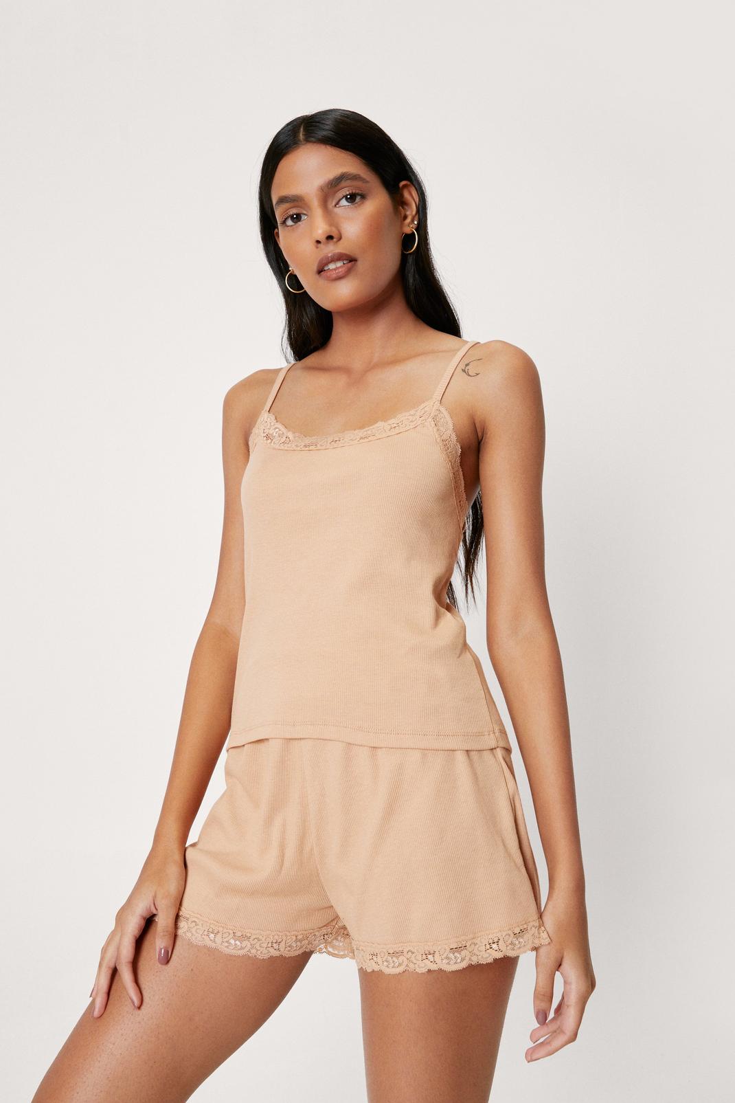 Nude Lace Trim Ribbed Cami and Short Pajama Set image number 1
