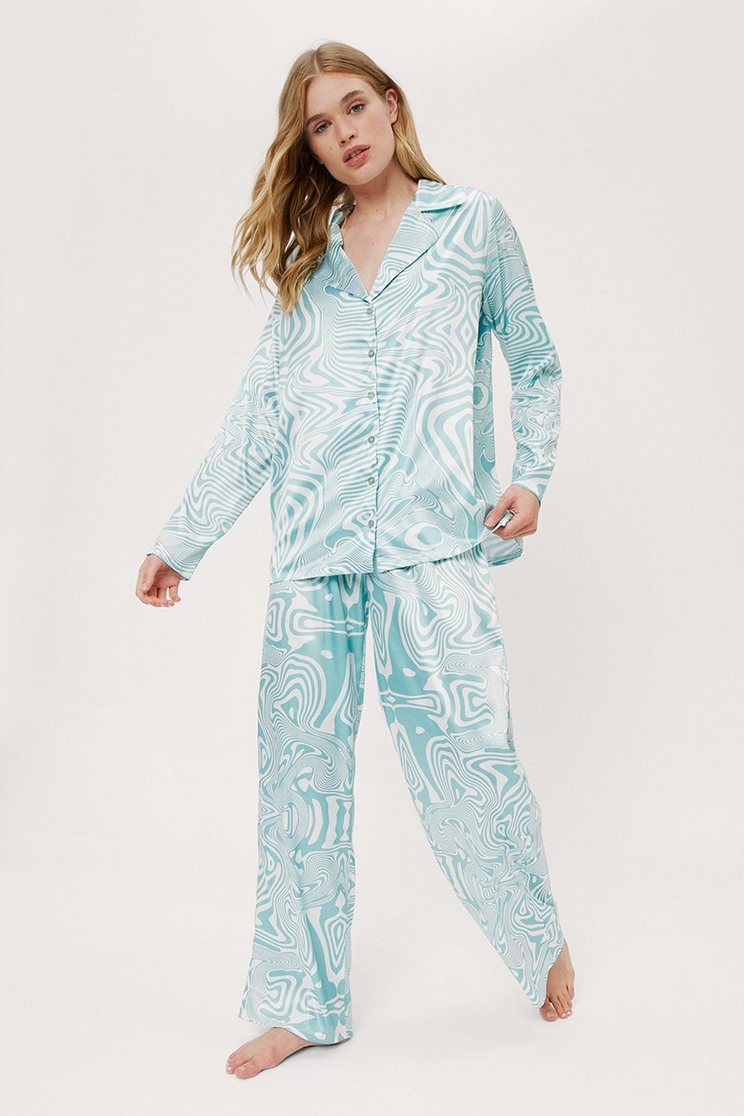 Pyjama satiné chemise ample & pantalon à imprimé abstrait, Sage image number 1