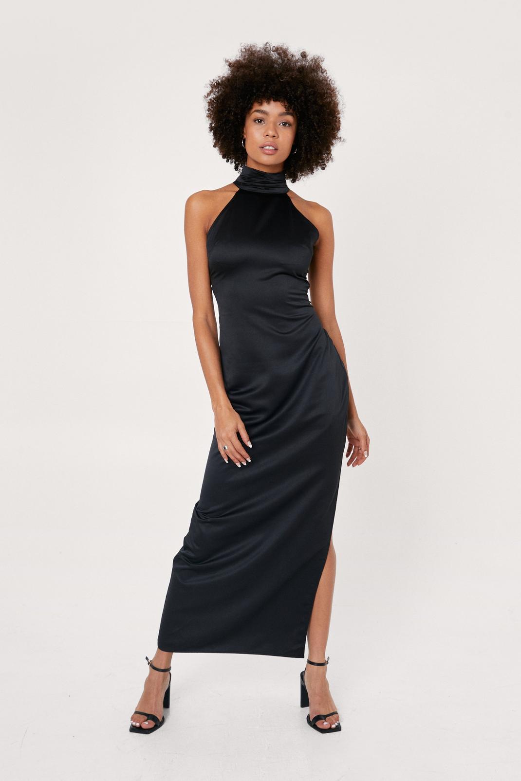 Black Satin Halterneck Slip Maxi Dress image number 1