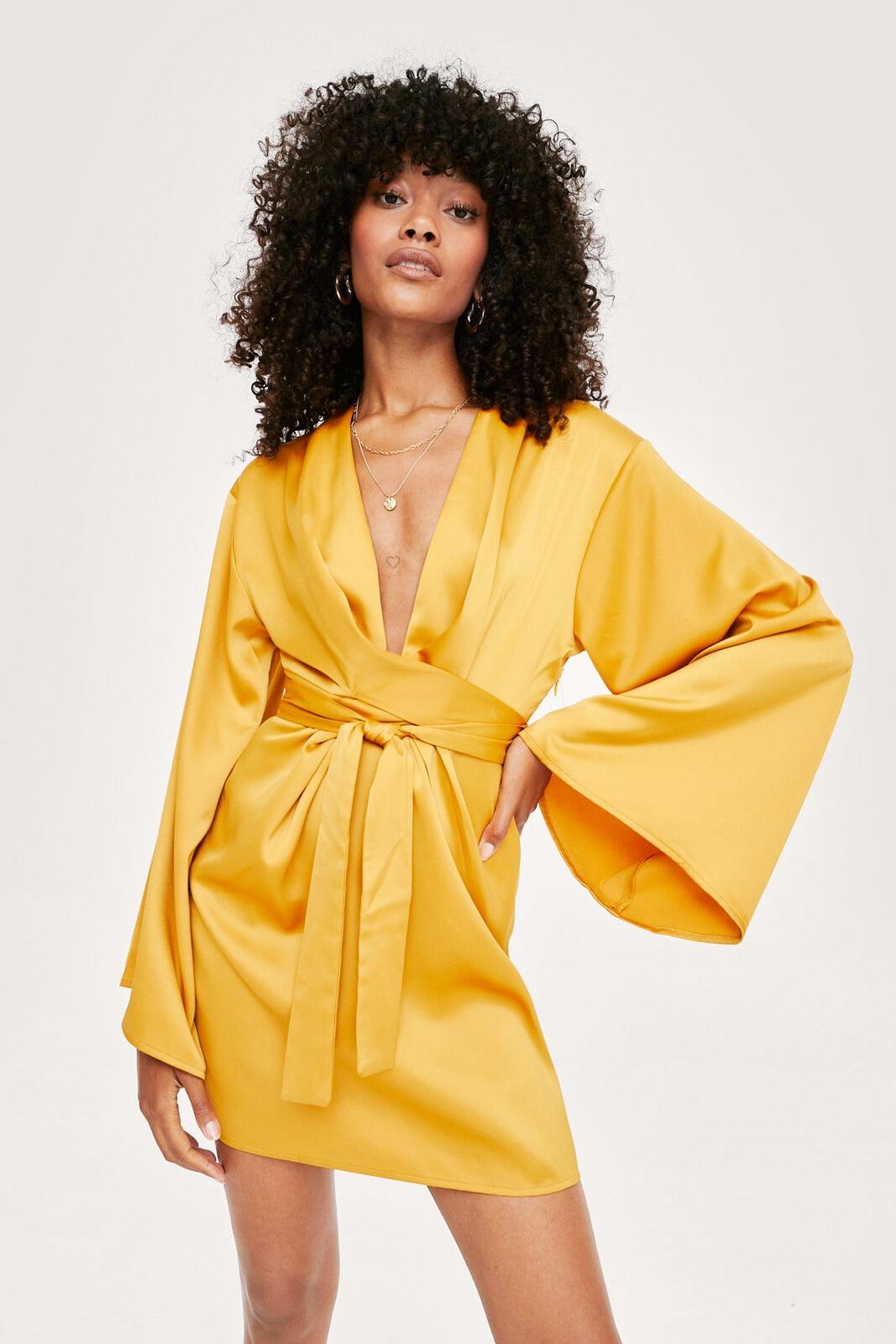 Ochre Satin Wide Sleeve Tie Front Mini Dress image number 1