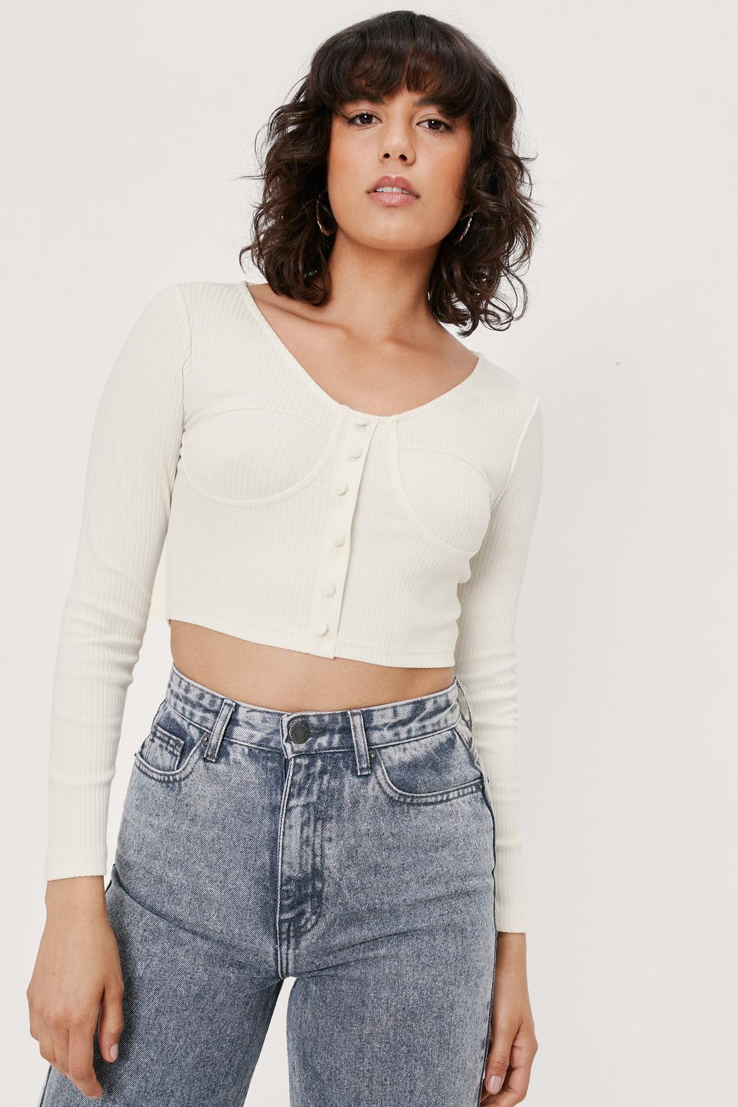Cream Rib Button Front Crop Top image number 1