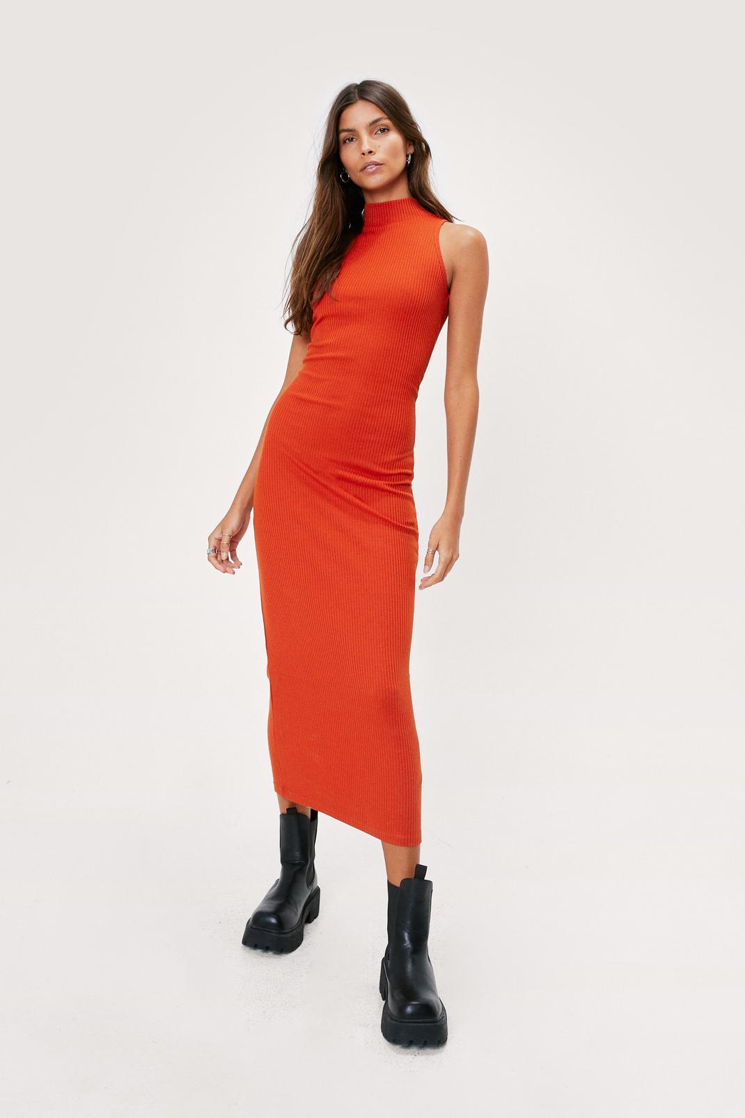 Rust Ribbed Racer Neck Bodycon Midi Dress image number 1