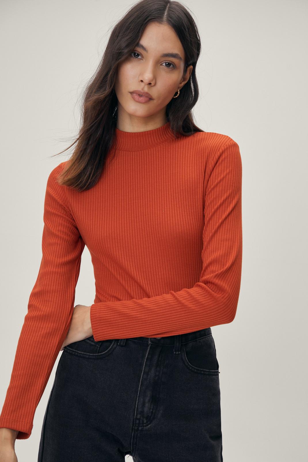 Rust Petite Ribbed High Neck Long Sleeve Bodysuit image number 1