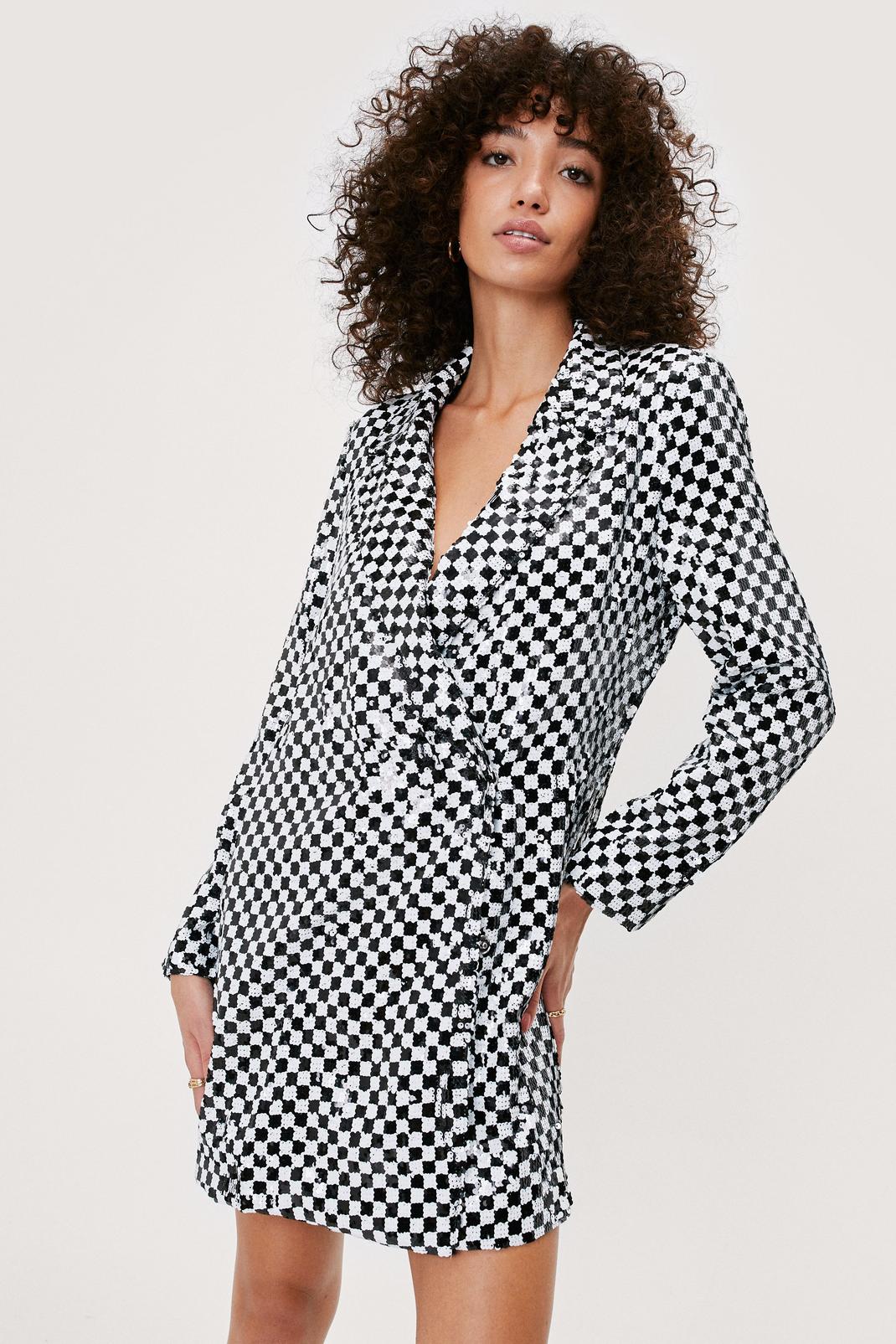 Black Checkerboard Sequin Blazer Dress image number 1