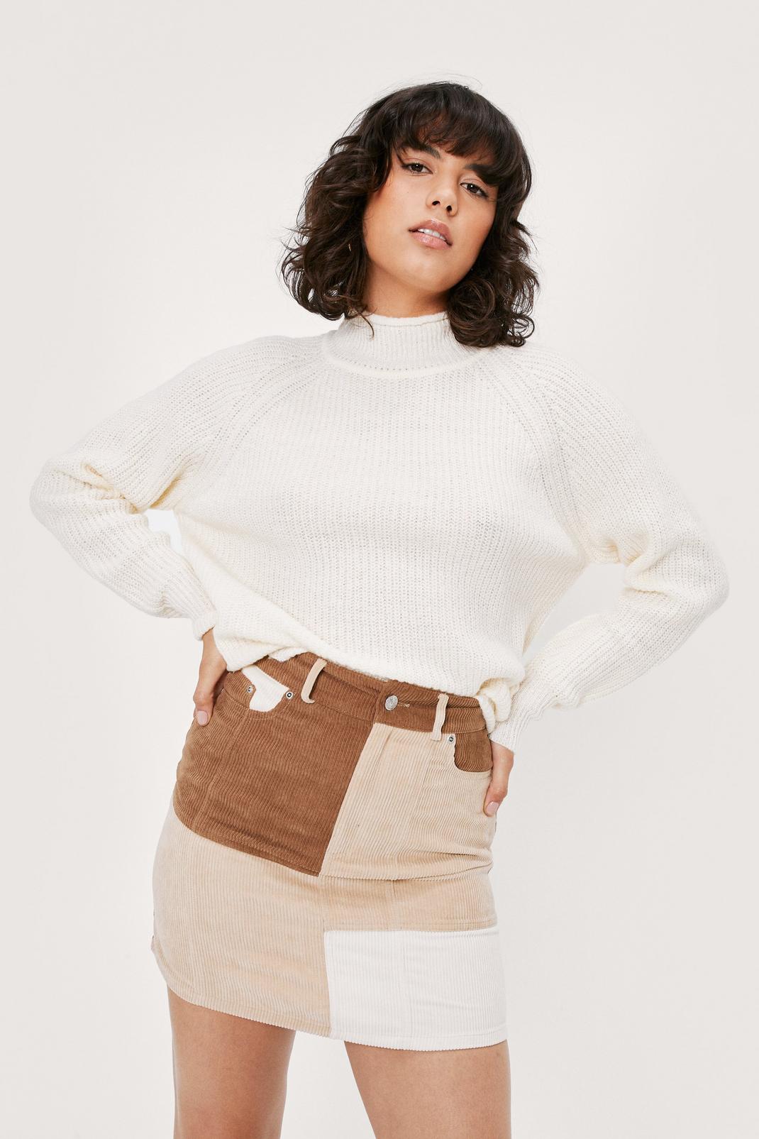 Neutral Corduroy Colorblock Belted Mini Skirt image number 1