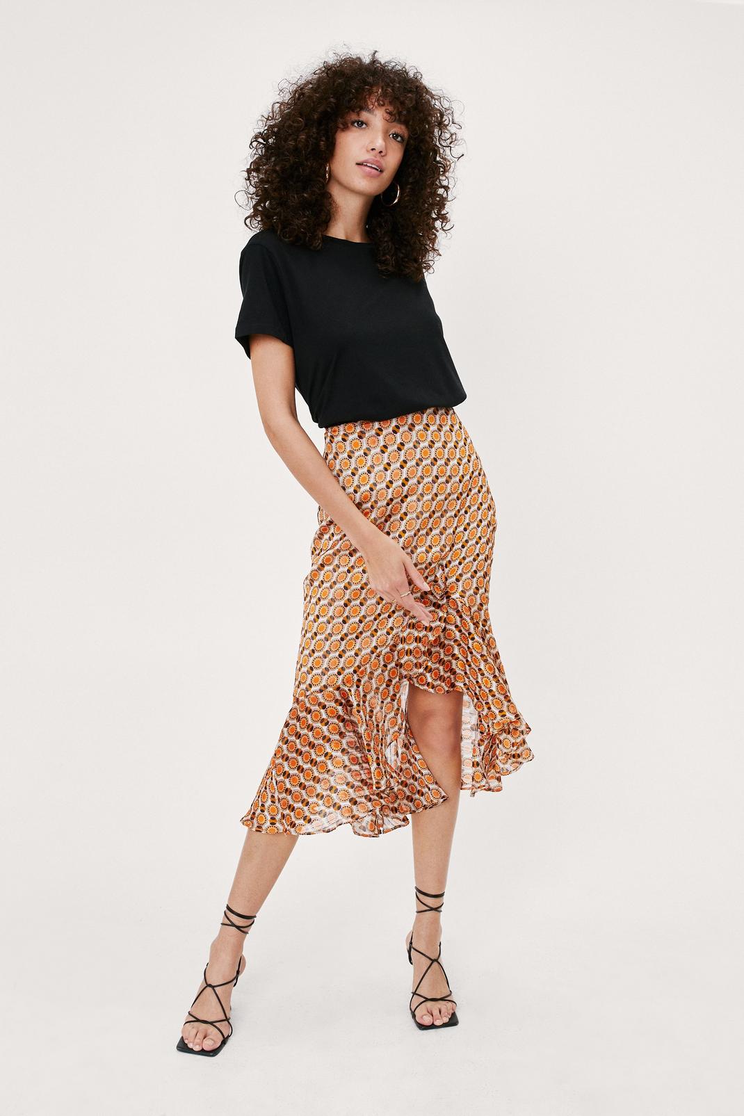 Retro Print Plisse Ruffle Midi Skirt image number 1