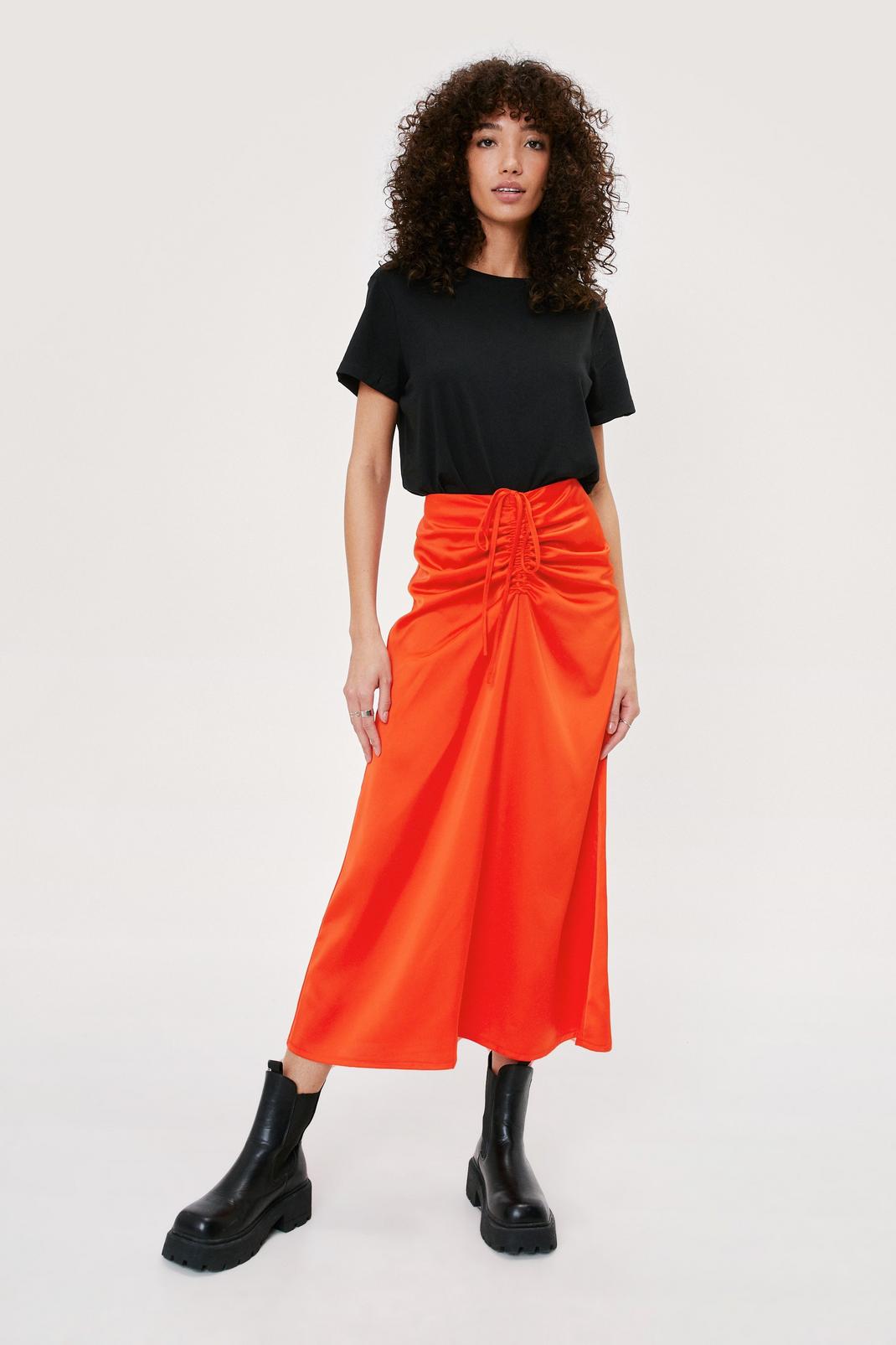 Orange Centre Ruched Satin Midi Skirt image number 1
