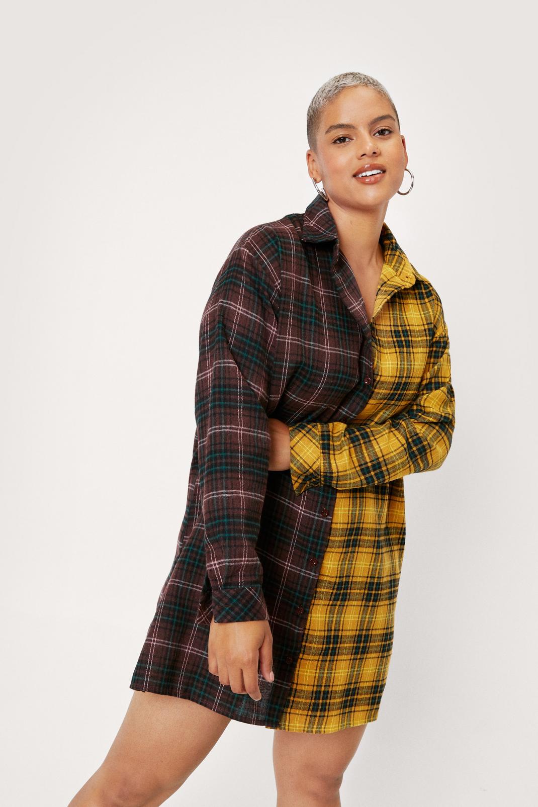 156 Plus Size Contrasting Check Shirt Dress image number 1