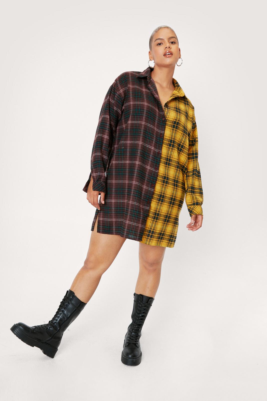 156 Plus Size Contrasting Check Shirt Dress image number 2