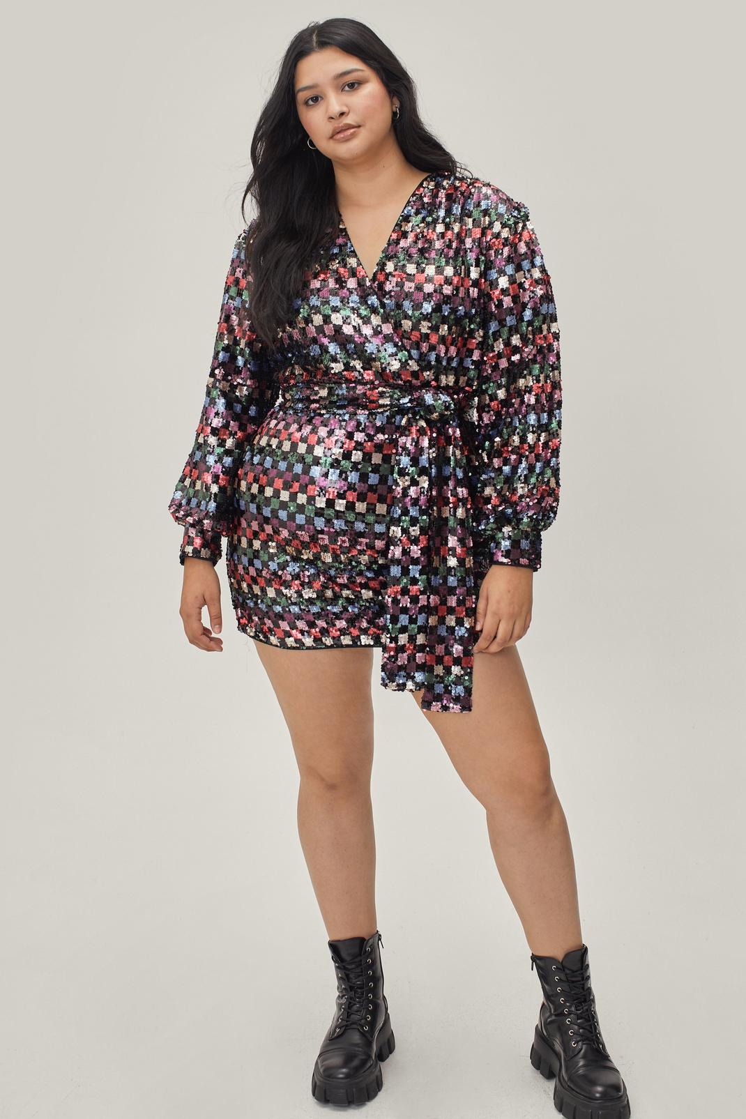 Multi Plus Size Checkerboard Sequin Mini Dress image number 1