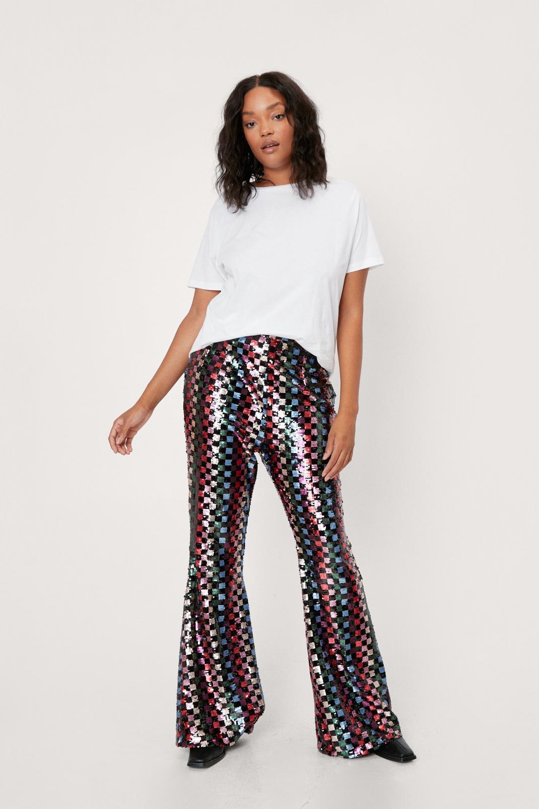 Black Plus Size Sequin Checkerboard Flare Pants image number 1