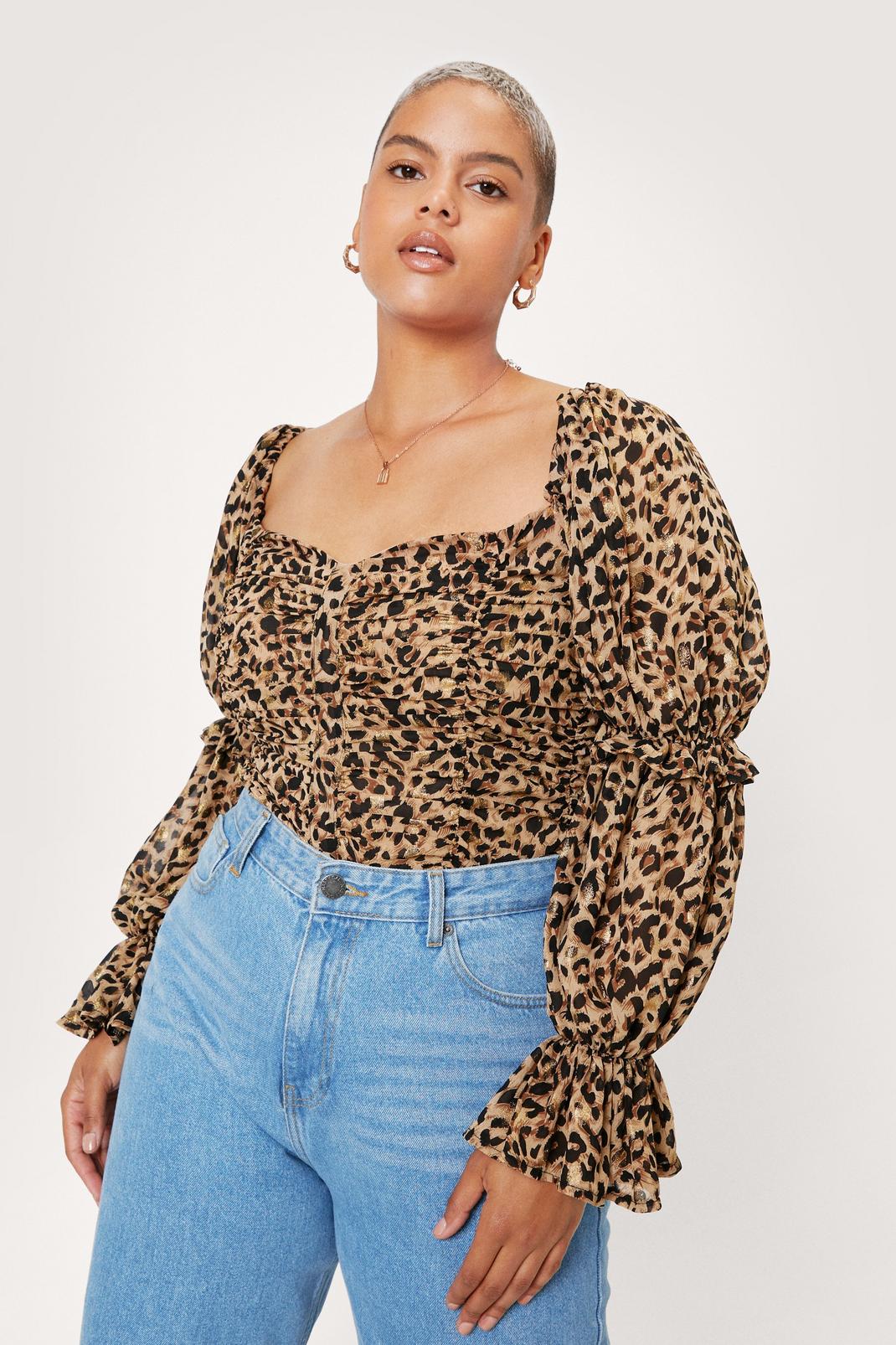 Brown Plus Size Leopard Chiffon Ruched Blouse image number 1