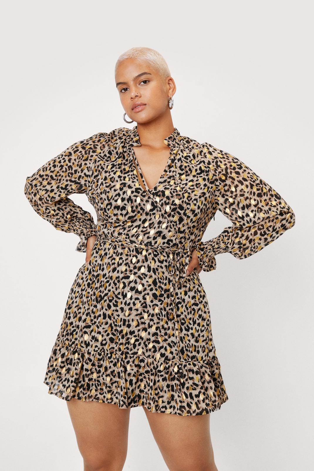 Brown Plus Size Leopard Print Tie Neck Skater Dress image number 1