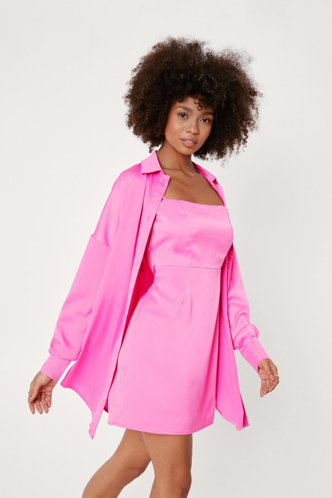 Bright pink Satin Oversized Long Sleeve Shirt image number 1