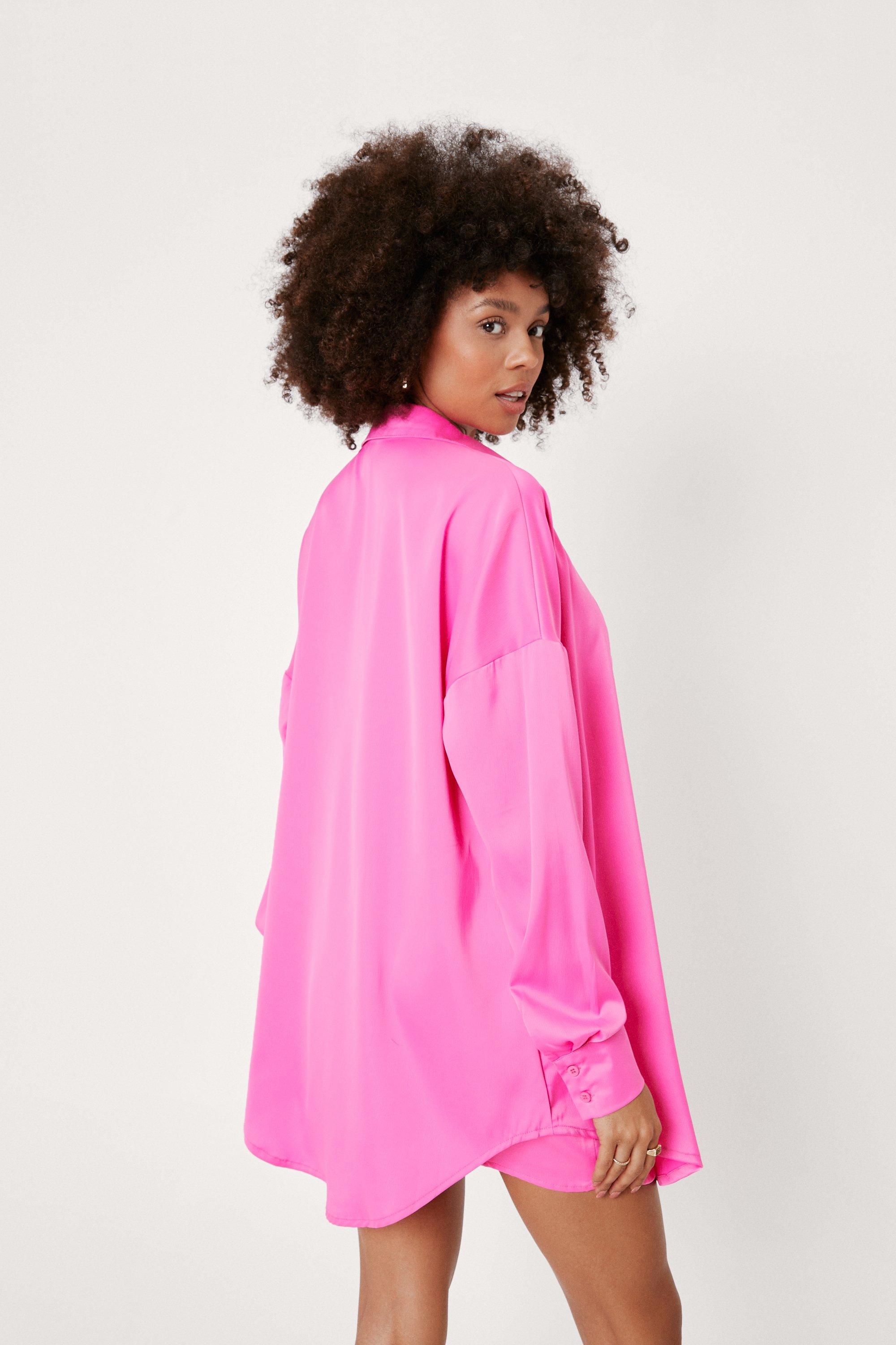 Bright Pink Satin Long Sleeve Oversized Shirt