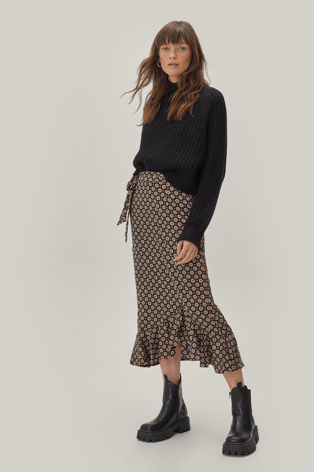 Black Ruffle Tile Satin Midi Skirt image number 1