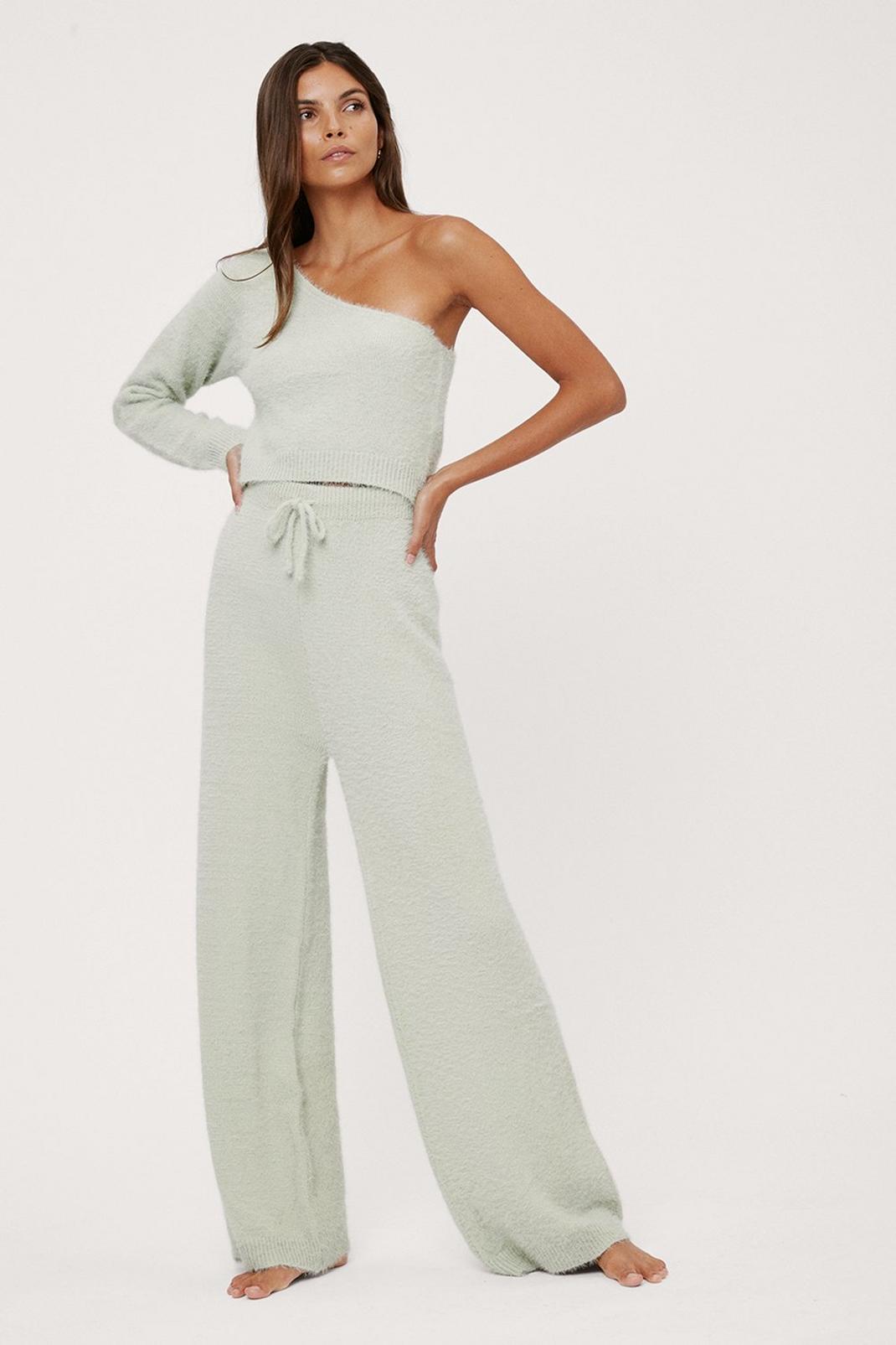 Mint Fluffy One Sleeve Top and Trousers Lounge Set image number 1