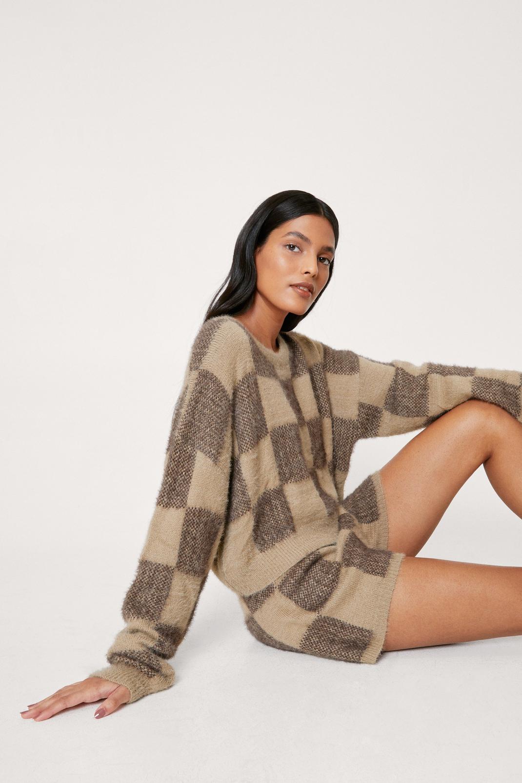 Tan Fluffy Knit Checkerboard Jumper and Shorts Lounge Set image number 1