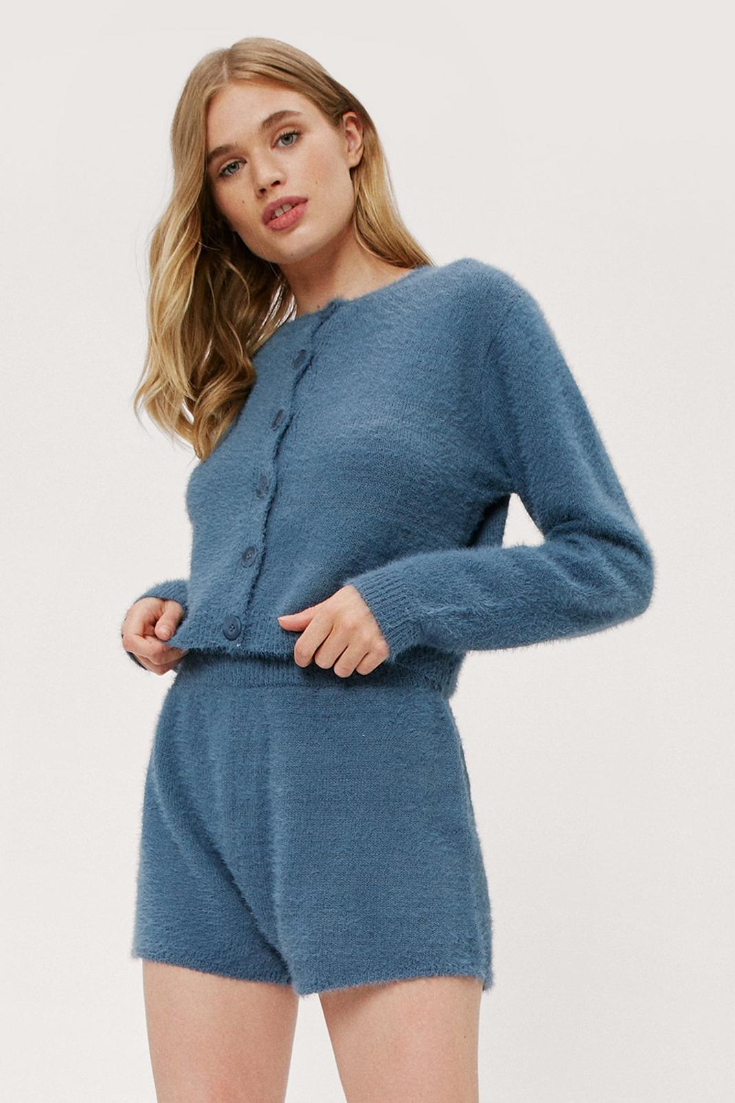 Dusty blue Fluffy Long Sleeve Top and Shorts Lounge Set image number 1