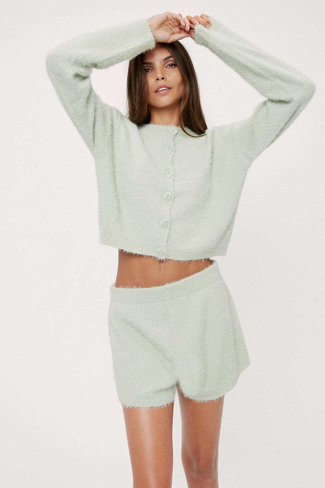 Mint Fluffy Long Sleeve Top and Shorts Lounge Set image number 1