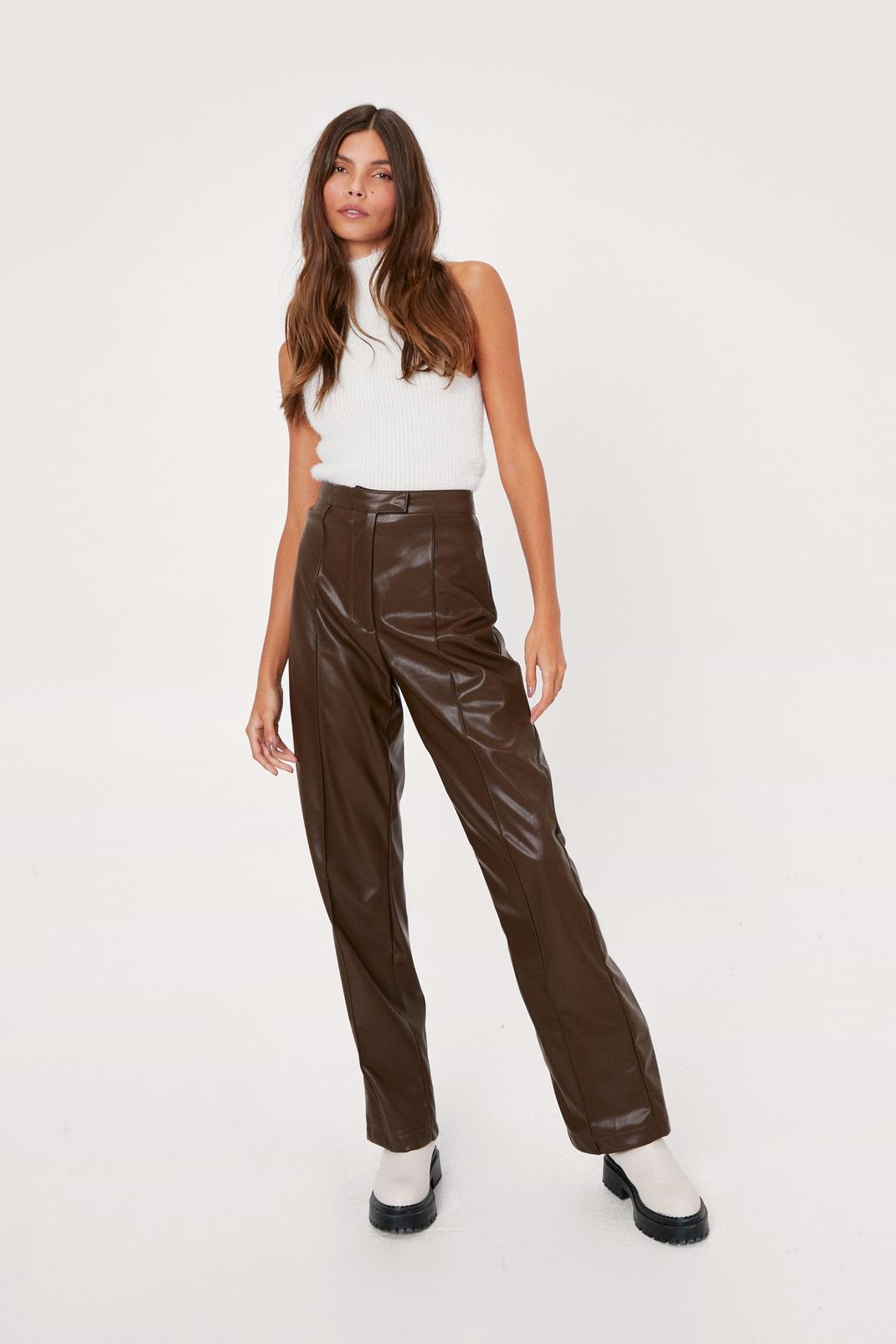 Chocolate Faux Leather Seam Detailed Flare Pants image number 1