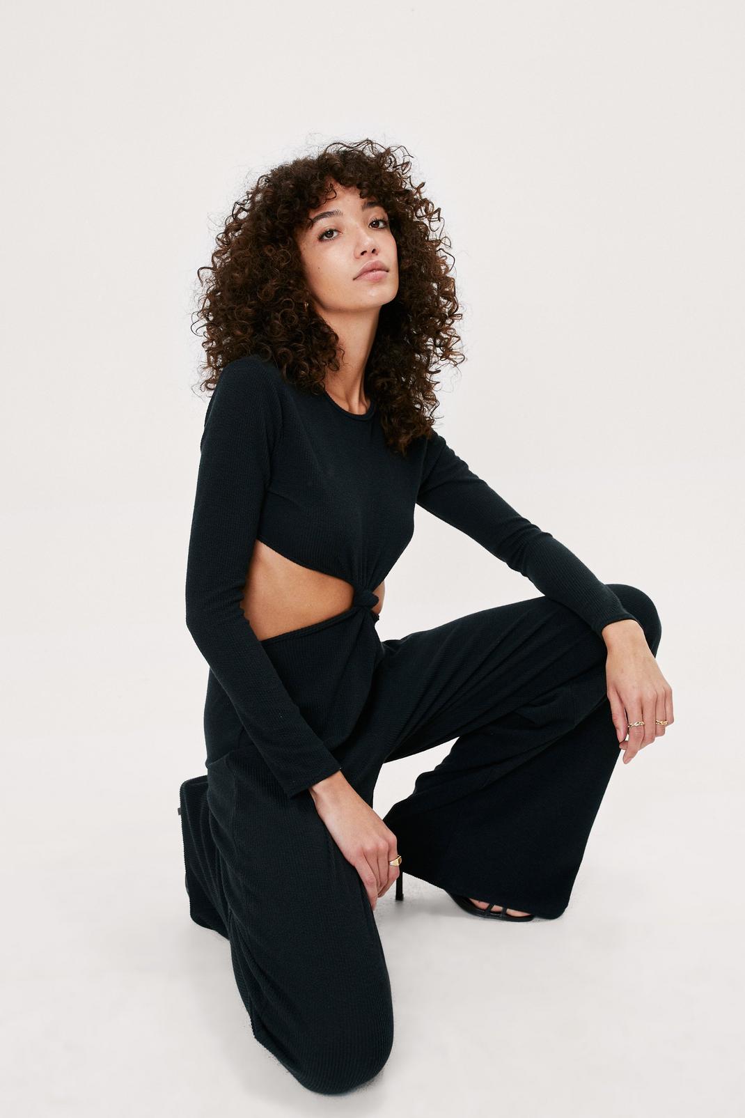 Black Ribbed Knot Front Long Sleeve Jumpsuit image number 1