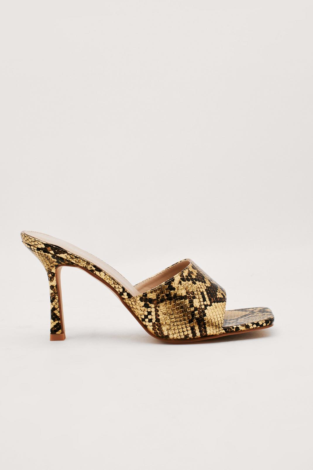 Gold Faux Leather Snake Print Square Toe Heeled Mules image number 1