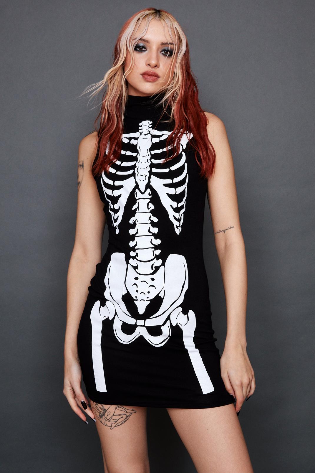 Black High Neck Skeleton Printed Bodycon Mini Dress image number 1