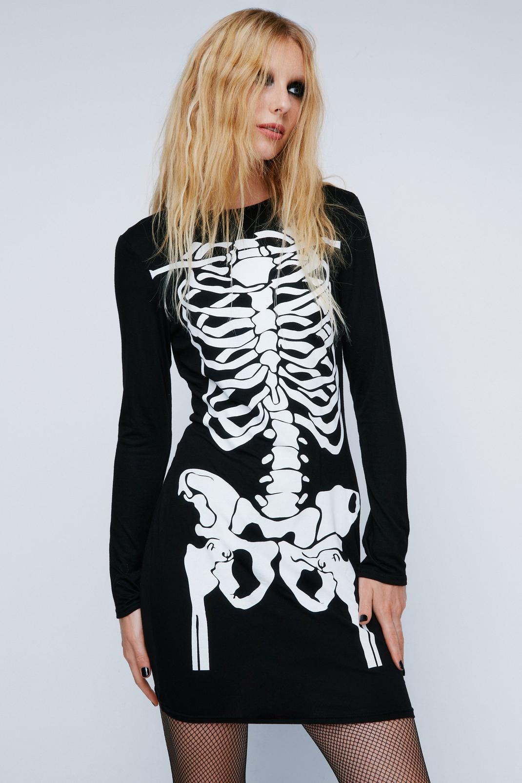 Robe courte à manches longues & impressions squelette, Black image number 1