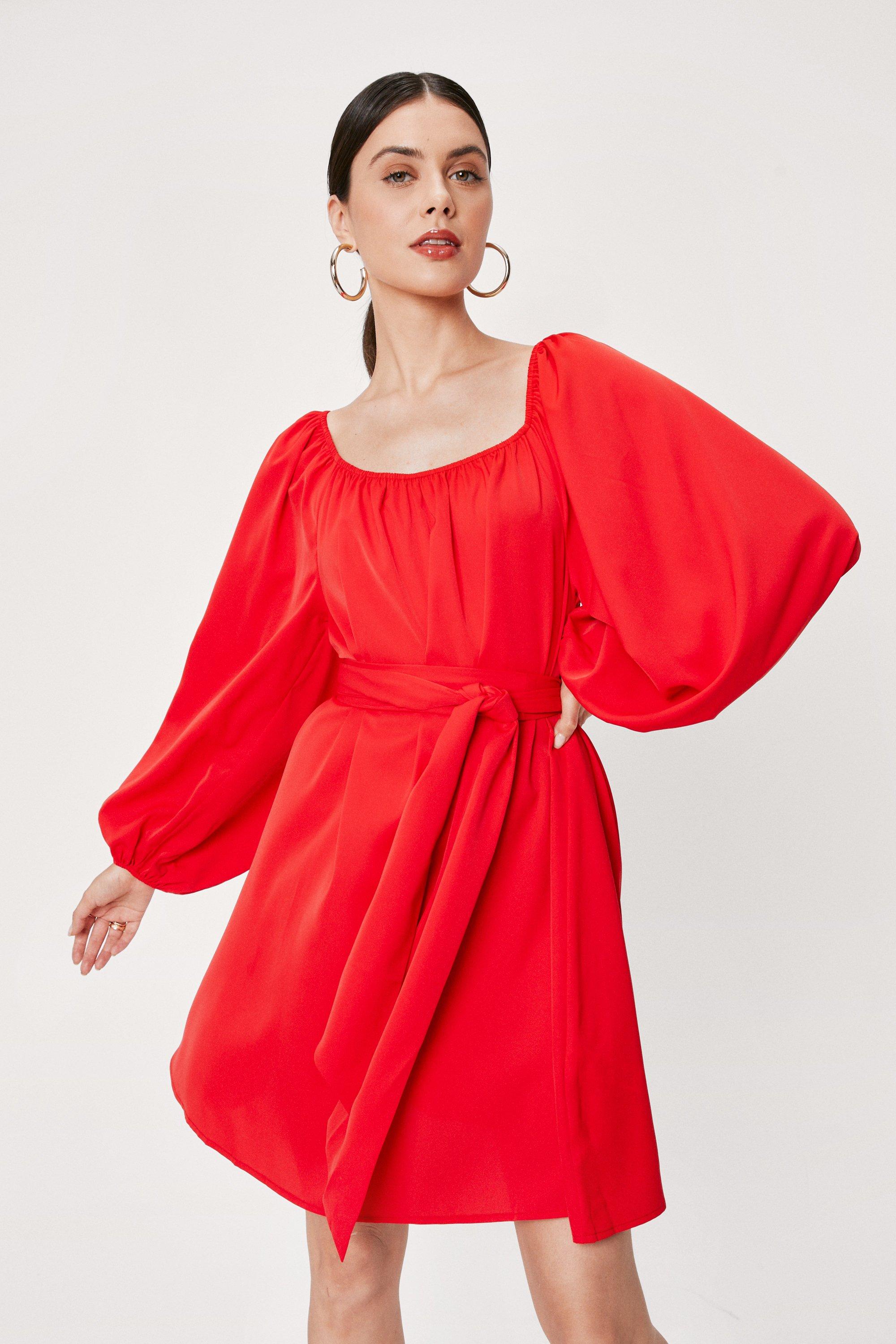 belted balloon sleeve dress