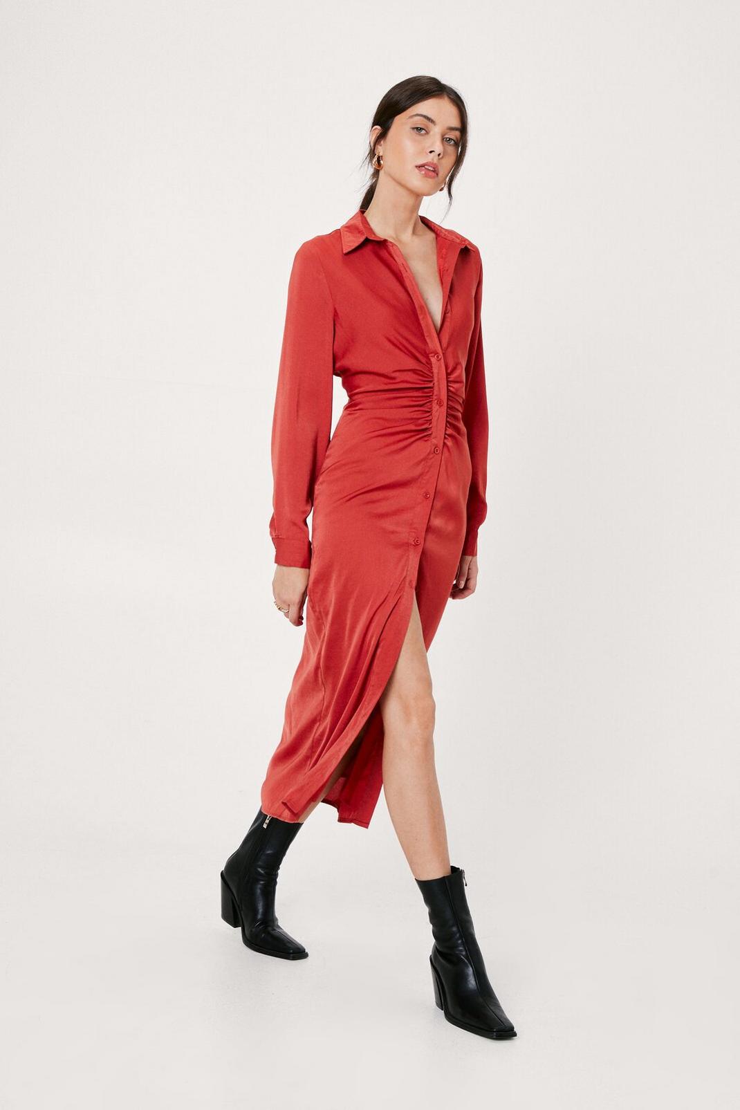 Rust Satin Ruched Front Midi Shirt Dress image number 1