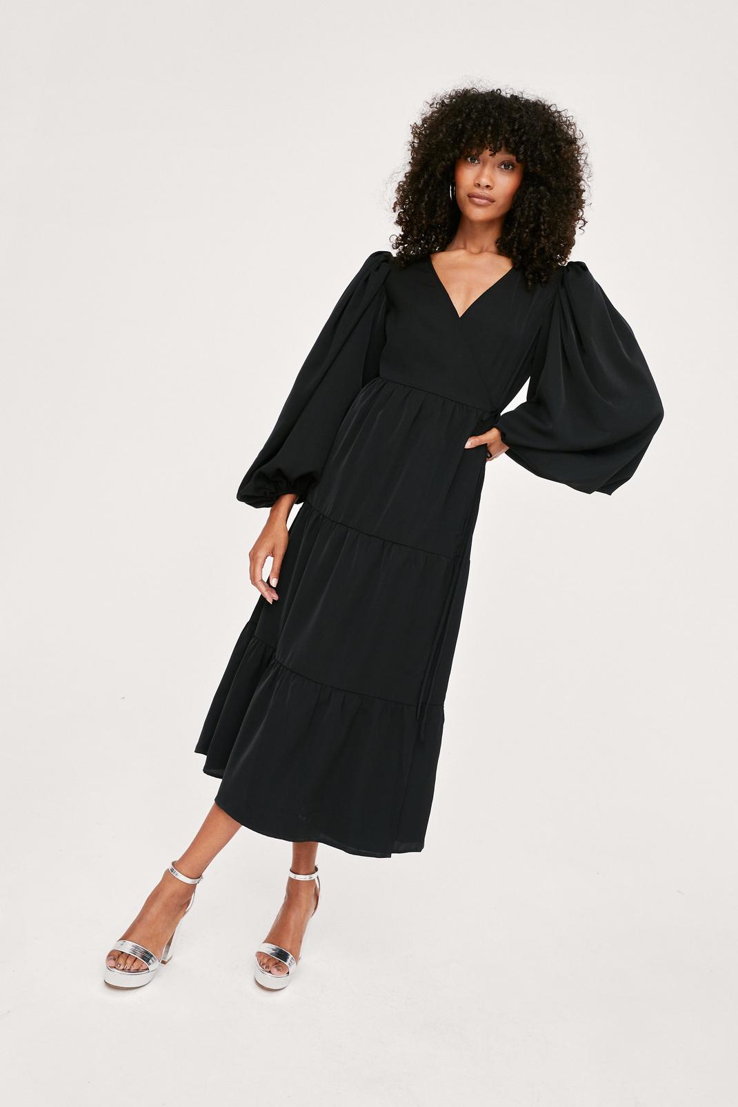 Black Long Sleeved Wrap Tiered Midi Dress image number 1