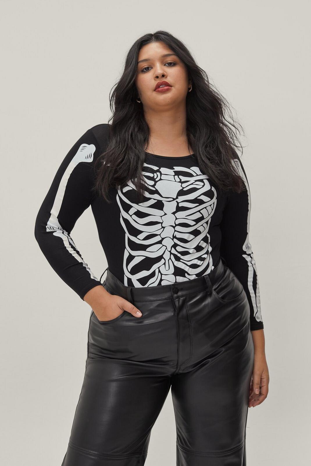 Black Plus Size Skeleton Printed Long Sleeve Bodysuit image number 1