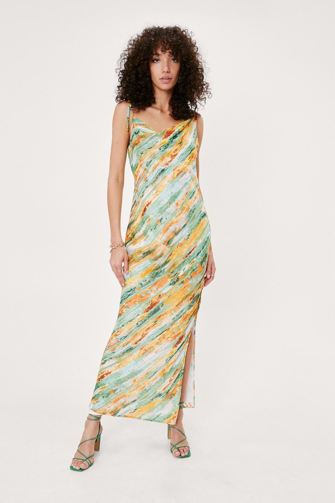 Green Abstract Asymmetric Tie Shoulder Maxi Dress image number 1