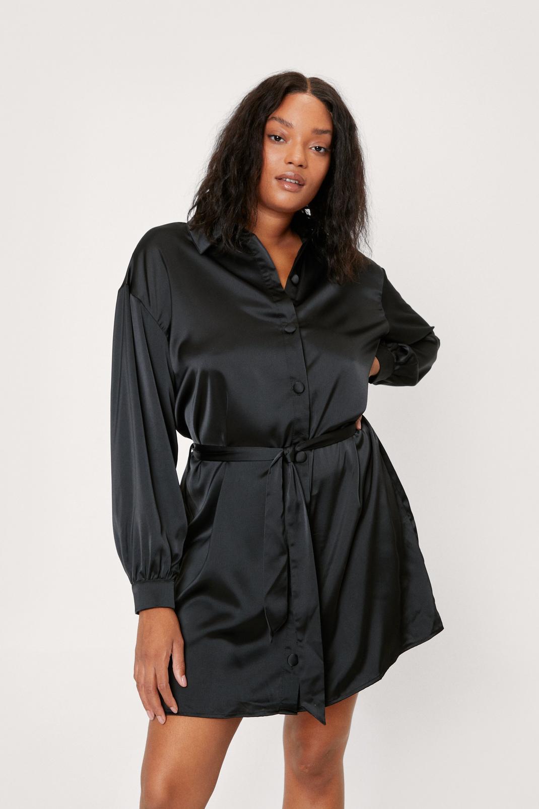 Black Plus Size Satin Belted Shirt Dress image number 1