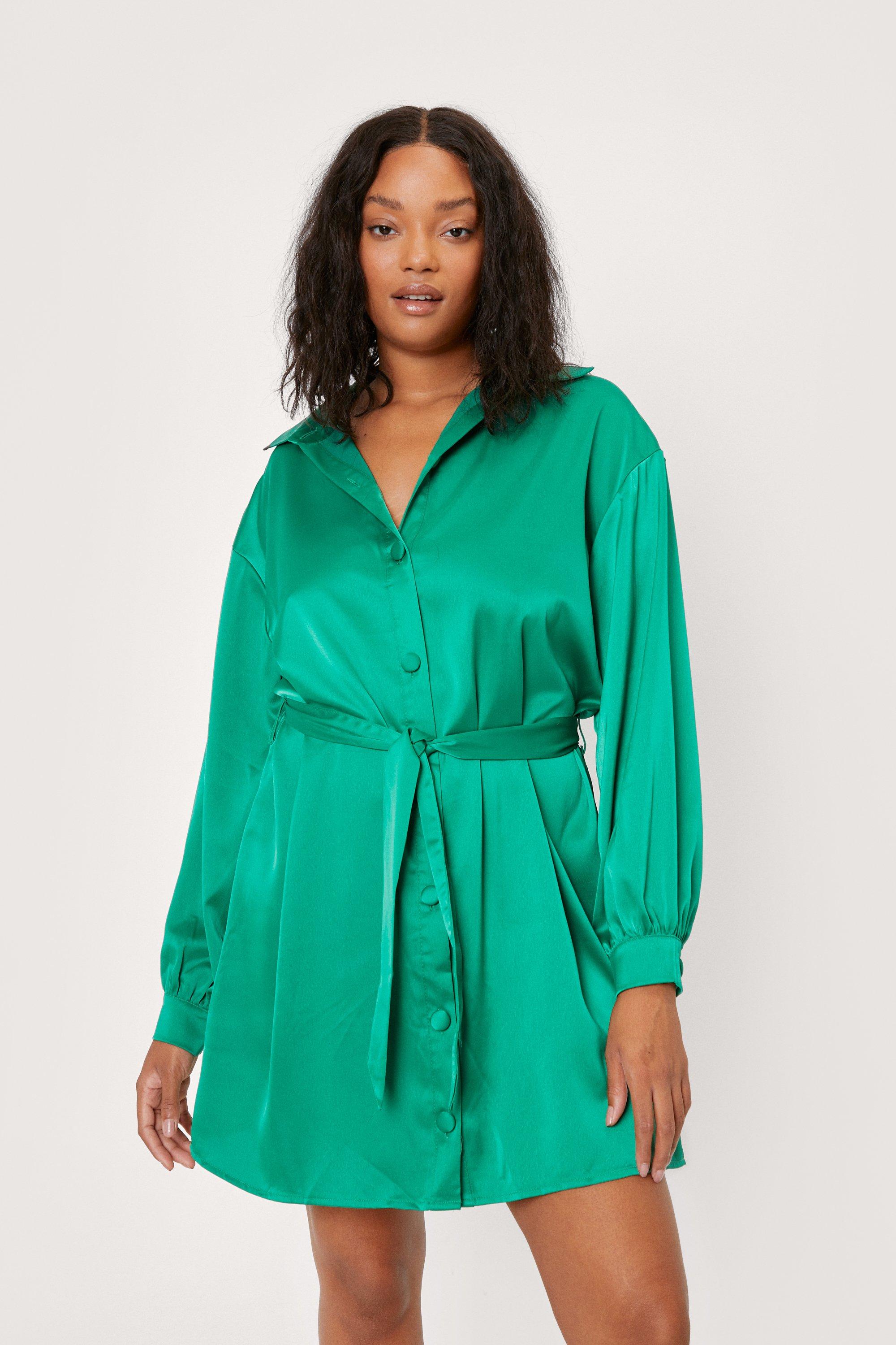 satin belted shirt dress