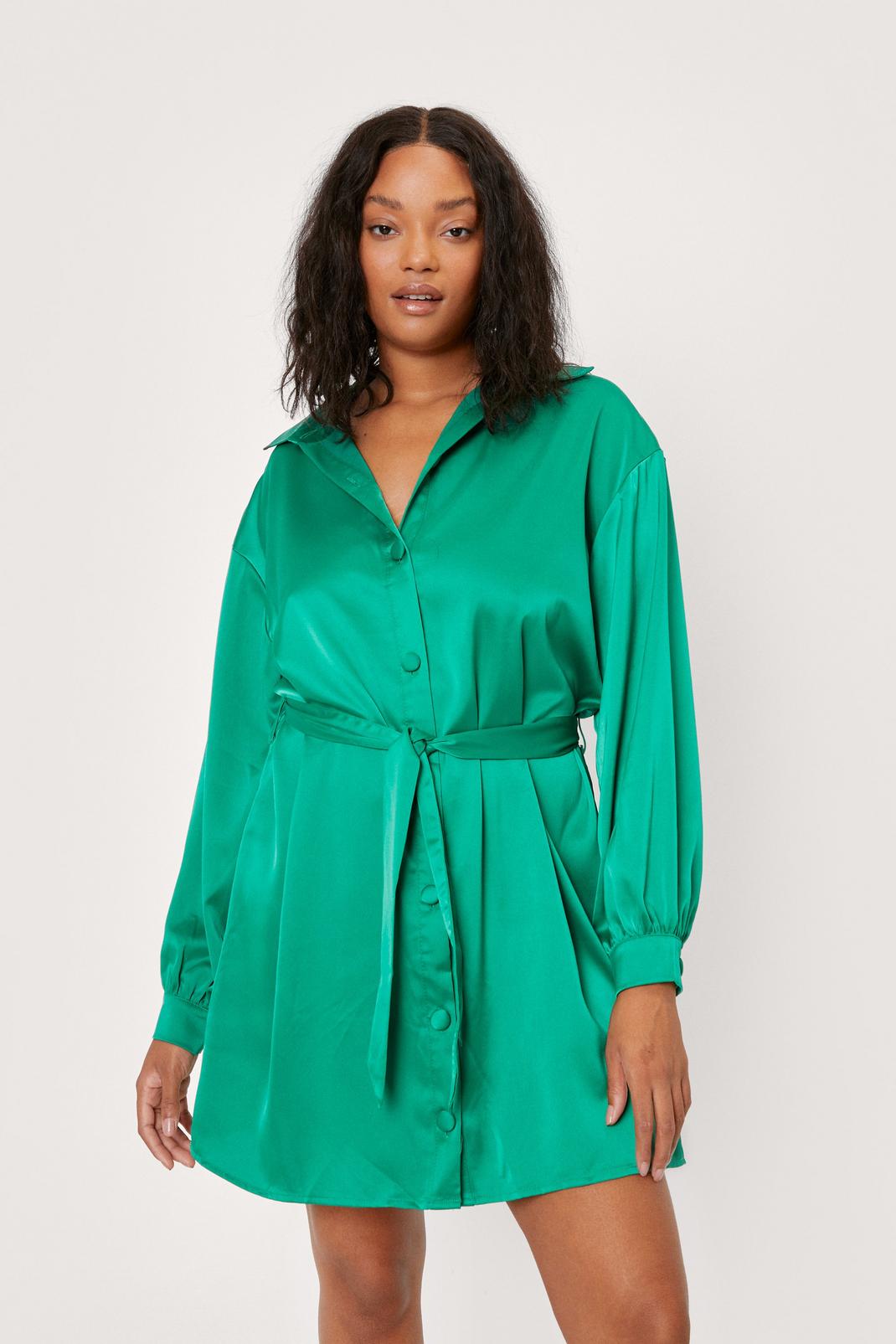 Green Plus Size Satin Belted Shirt Dress image number 1
