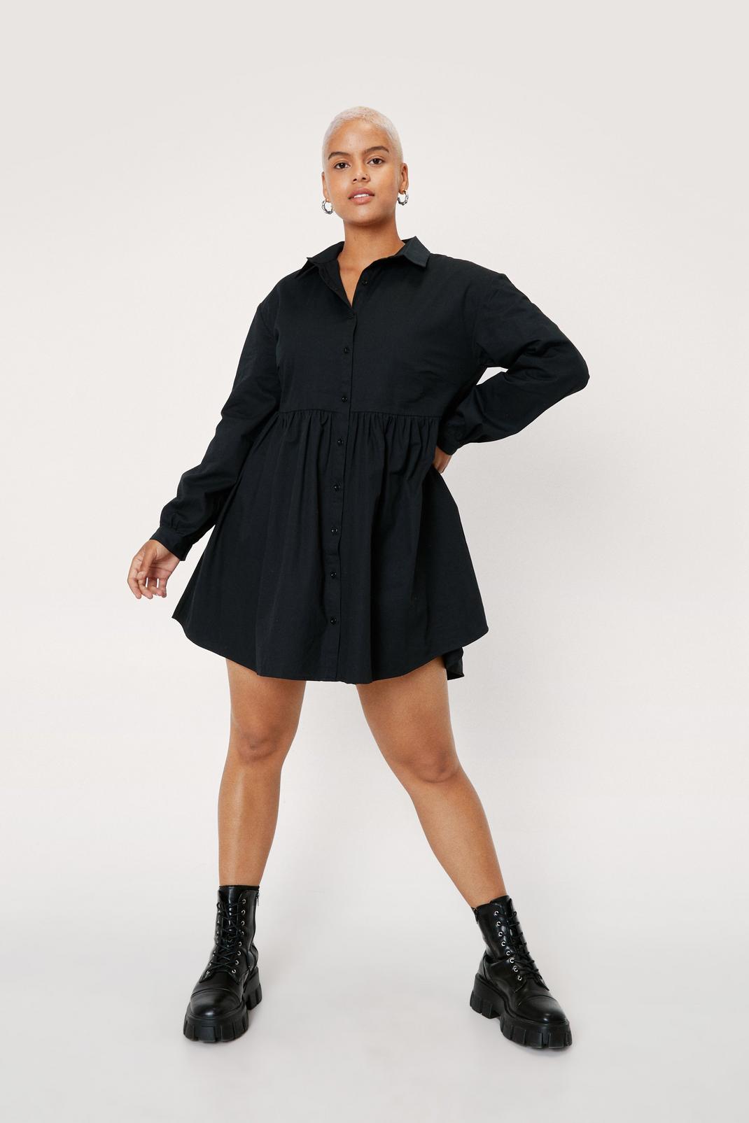 Black Plus Size Long Sleeve Smock Shirt Dress image number 1