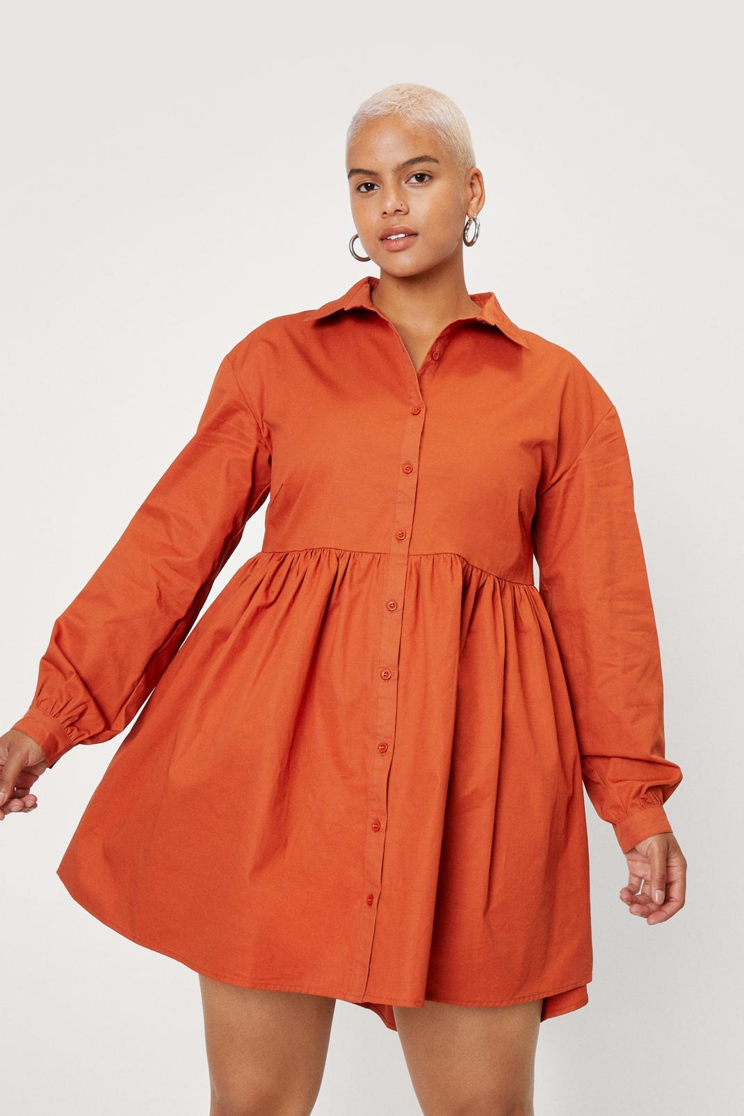 Rust Plus Size Long Sleeve Smock Shirt Dress image number 1