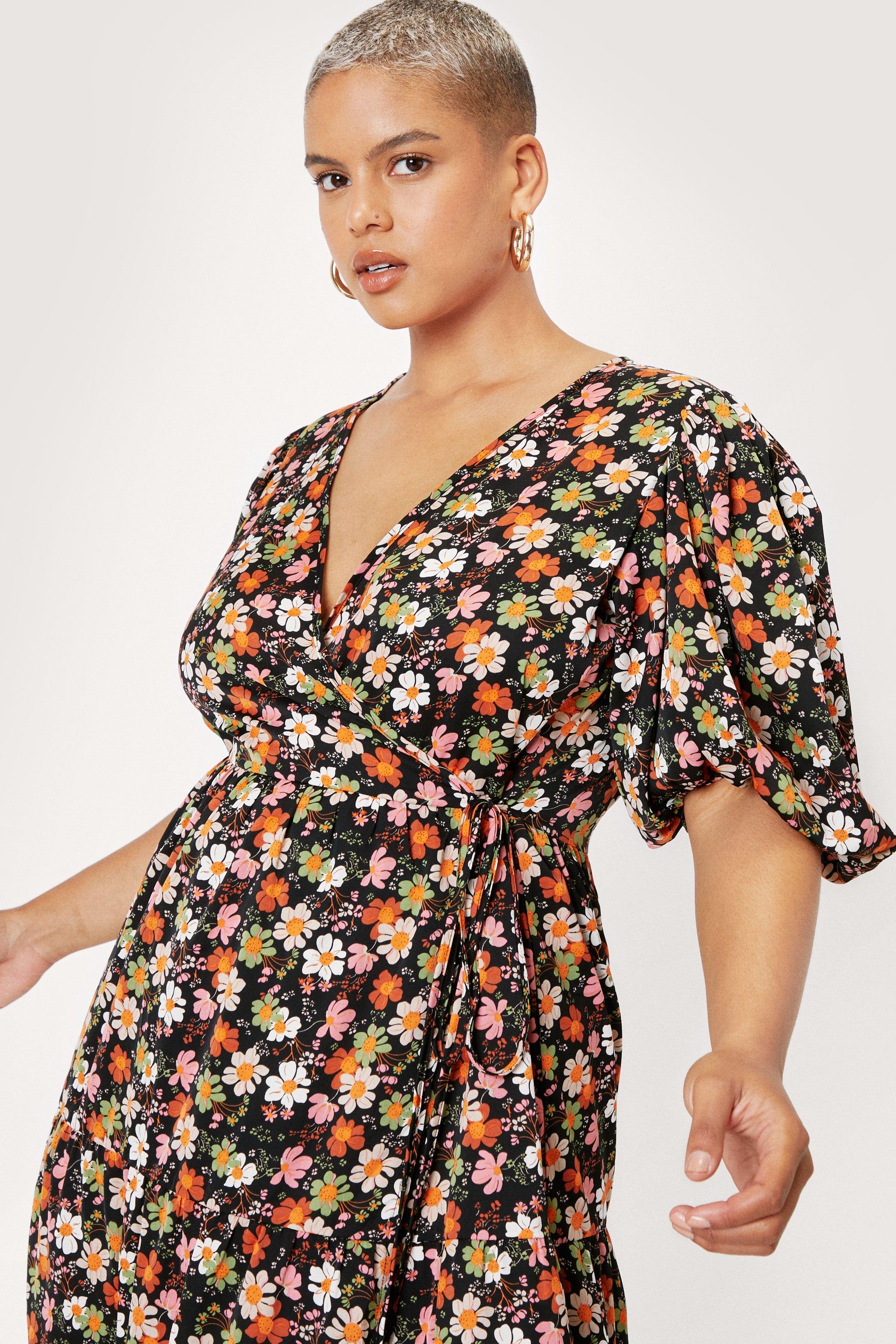 Plus Size 70's Floral Midi Smock Dress